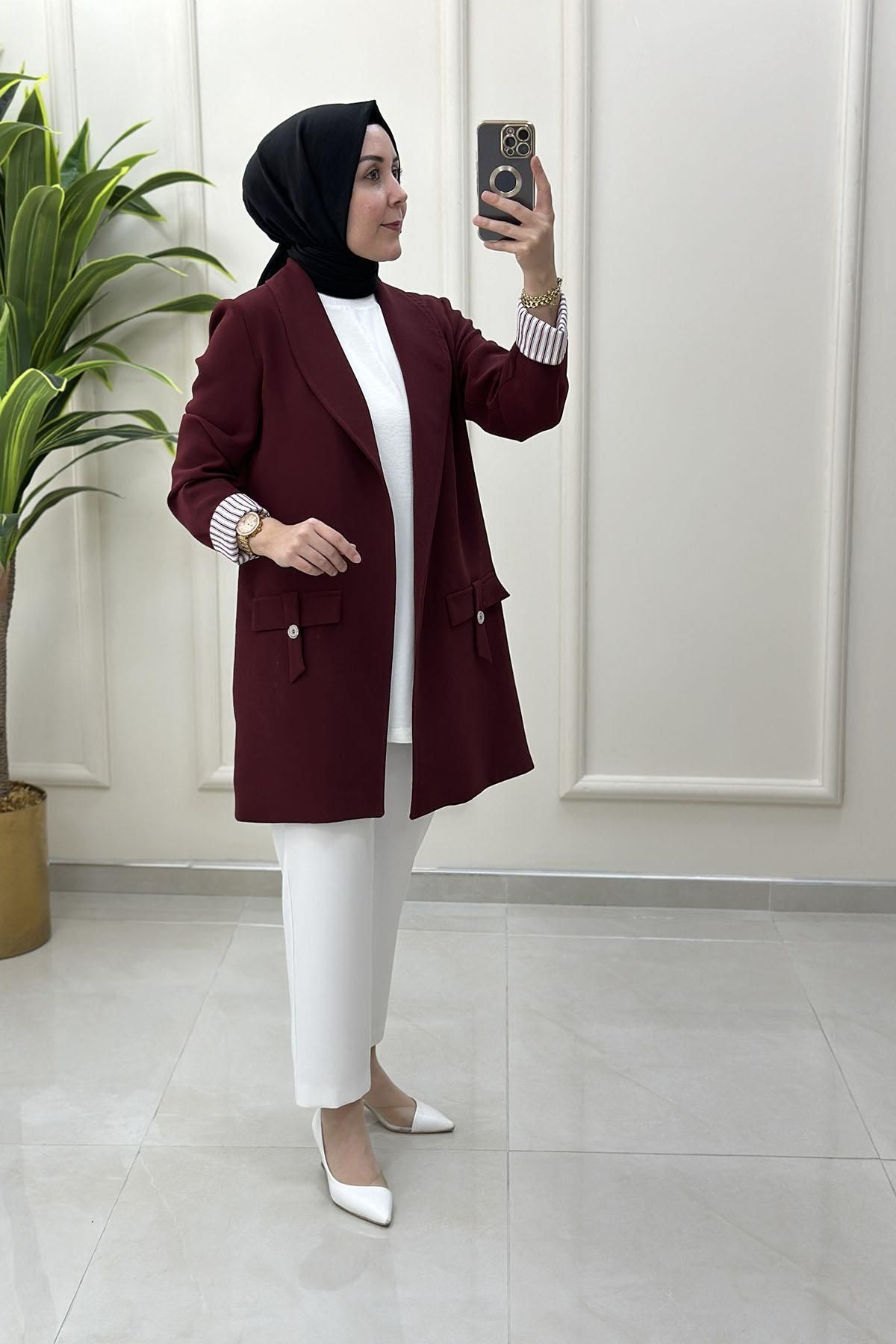 KADO Çizgi Desen Katlama Kol Kruvaze Yaka Kadın Ceket Bordo KADO 251712