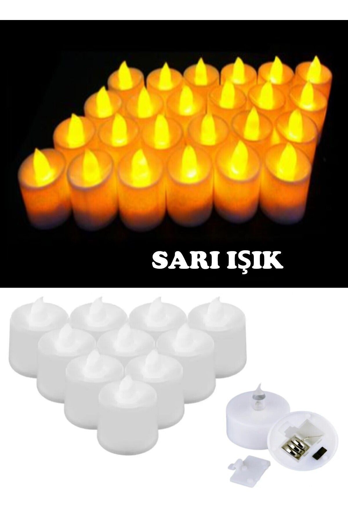 Elioure Sarı Ledli Mumlar, 24'lü, Işıklı, Pilli, Duman ve Alevsiz, Şık Dekoratif Aydınlatma