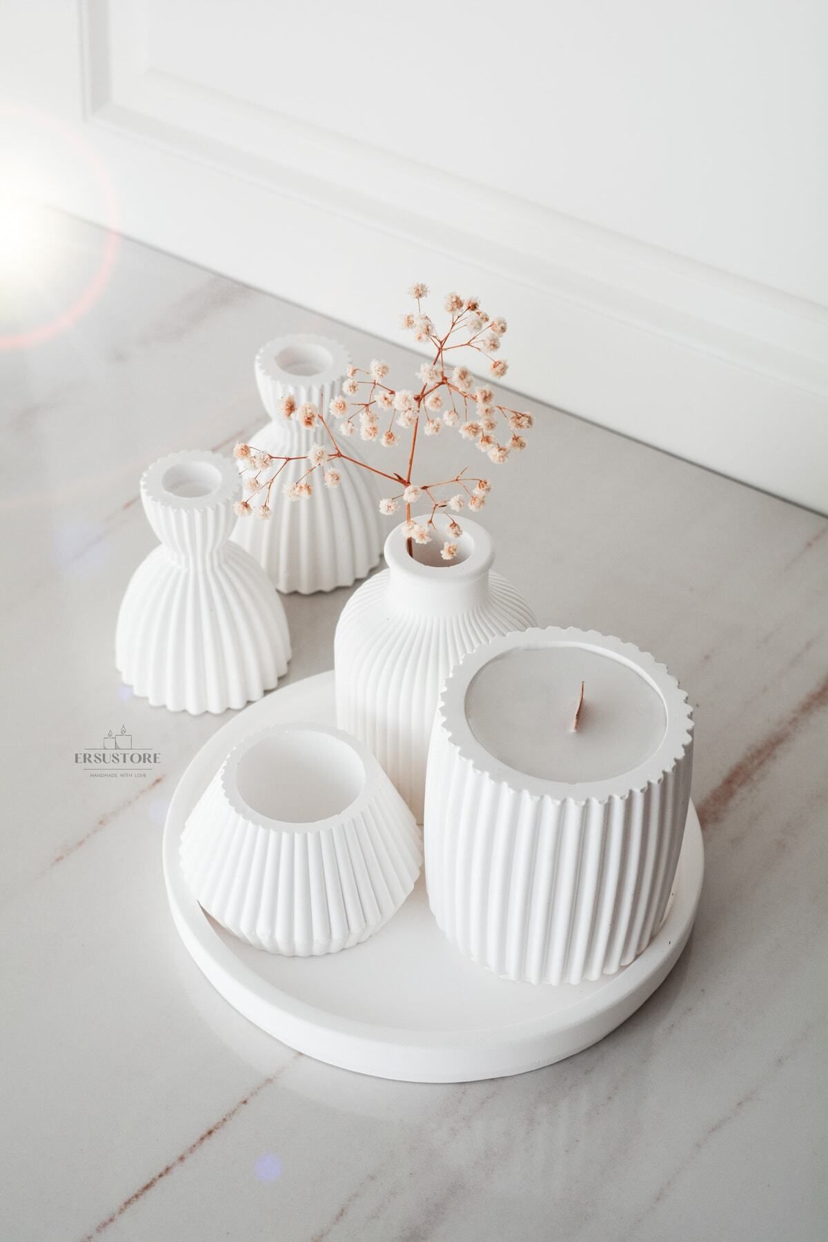 Elioure Şık Beyaz Soya Wax Şamdan ve Bardak Mum Takımı, Ev Dekoru Aksesuarı