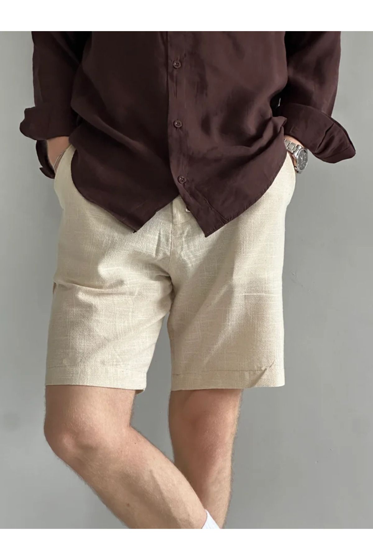 MENOFOURSWEAR Krem Keten Şort