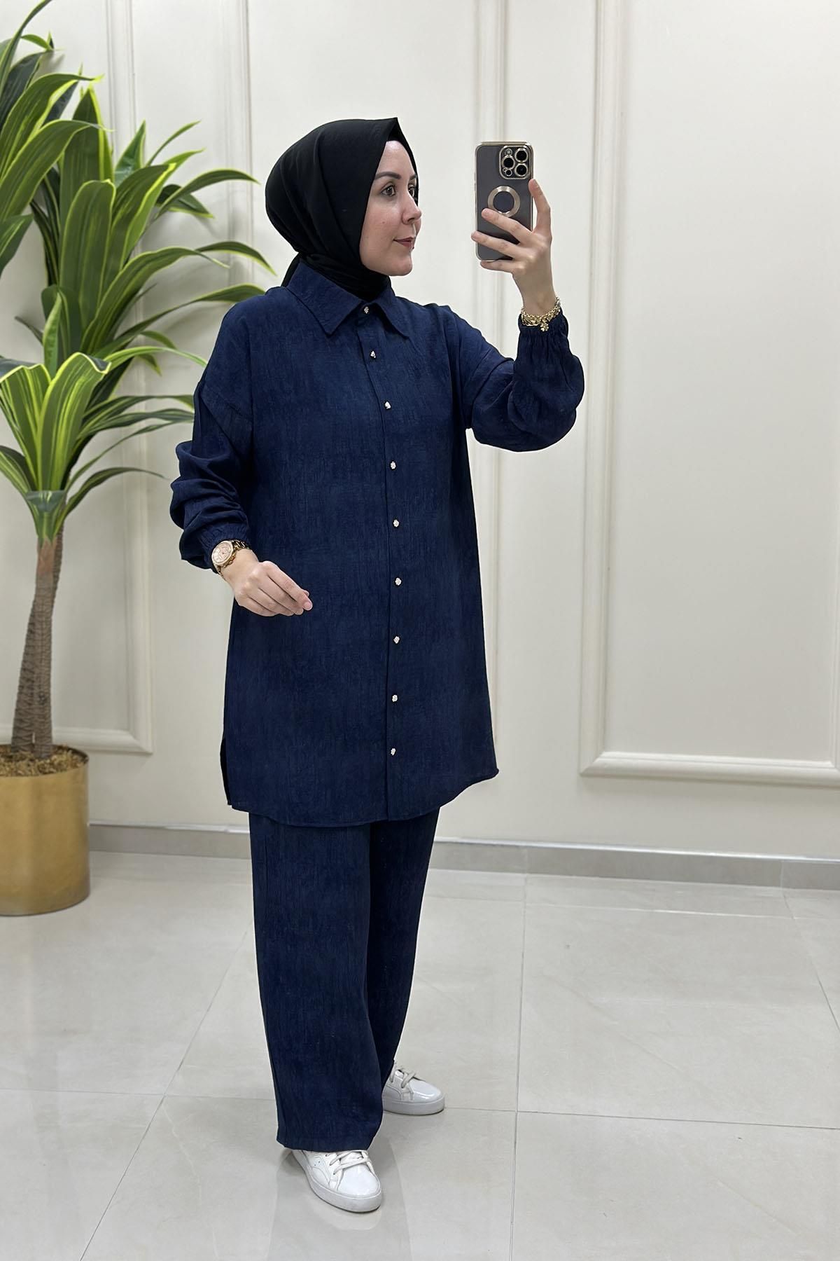 KADO Düşük Omuz Önü Düğmeli Tunik ve Pantolon Kadın İkili Takım Lacivert KADO 251445
