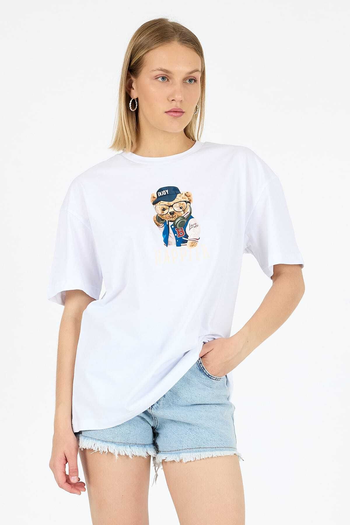 Vooya Fashion Bear Enjoy Ayıcık Desen Baskılı Beyaz Kadın Oversize Pamuklu T-shirt