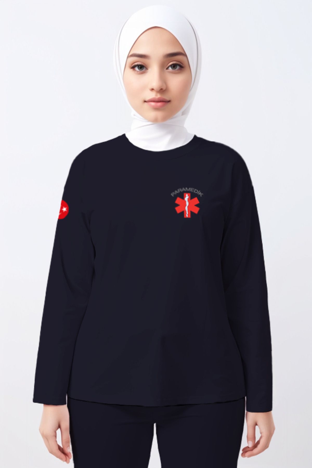 Pratik Medikal Lacivert Paramedik Bisiklet Yaka Uzun Kollu Tişört Unisex