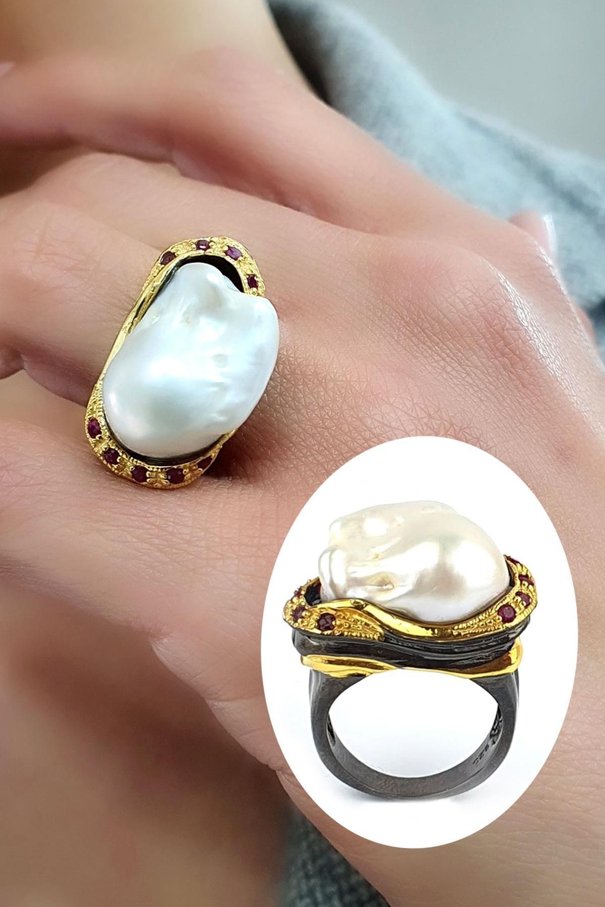 OSESHOP OSEAN MYSTIQUE Barok inci ve yakut taşlı 925ayar gümüş Üzerine altın kaplama Tasarım Yüzük