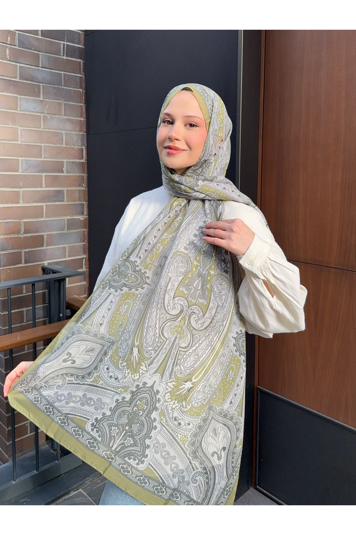 NBİBAGS Retro Desen Pamuk Şal Yağ Yeşiii
