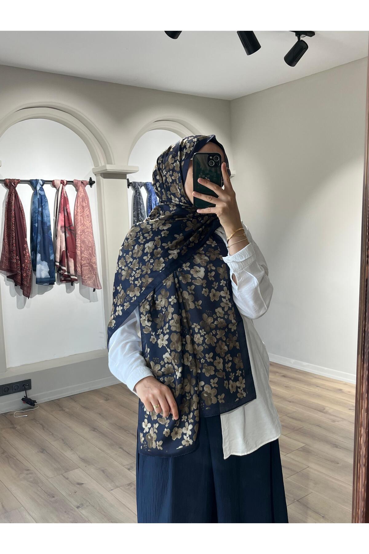 Merwiss-Blom Pattern Soft Navy Blue-Brown Shawl 3