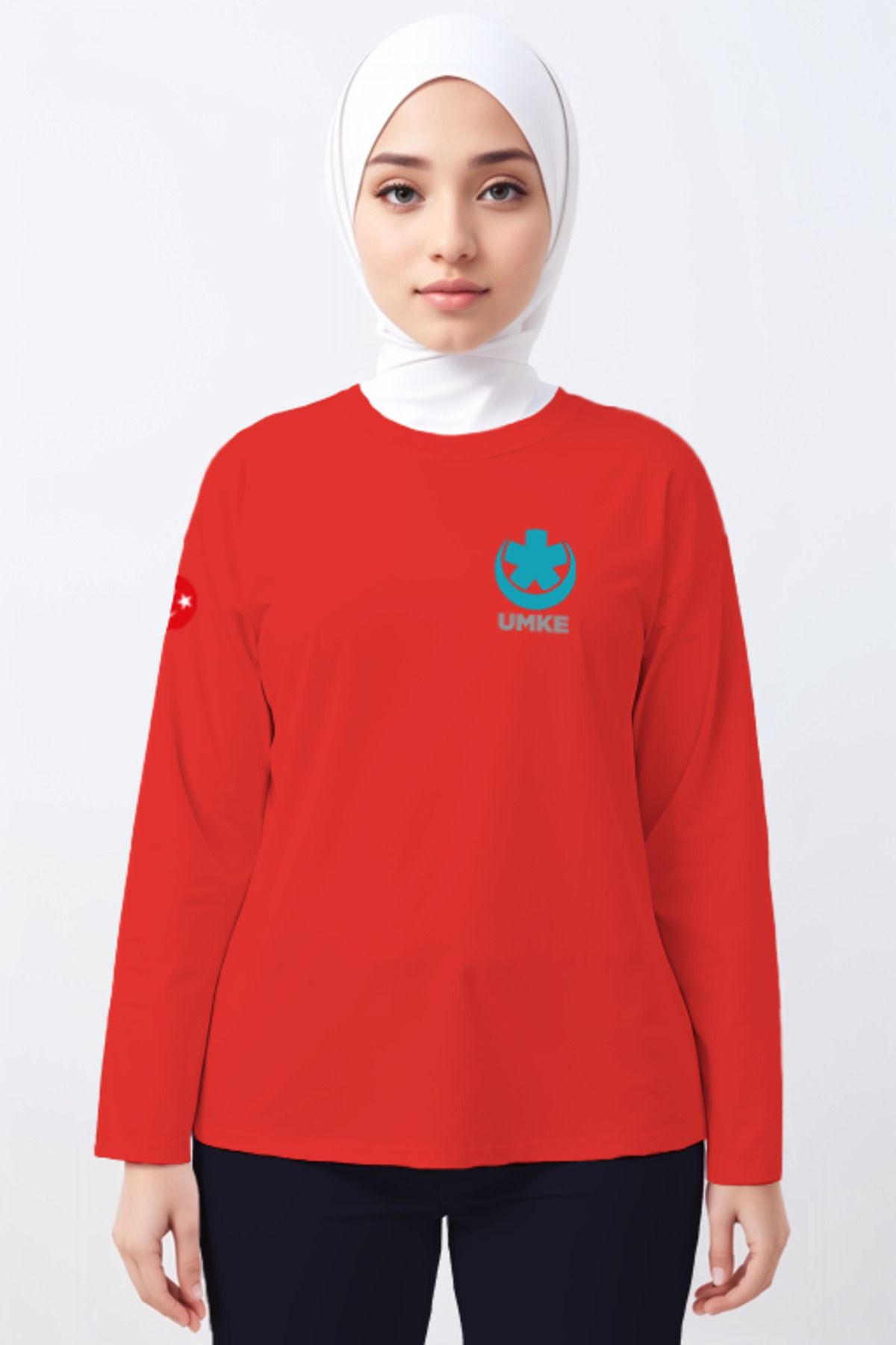 Pratik Medikal Kırmızı UMKE Bisiklet Yaka Uzun Kollu Tişört Unisex