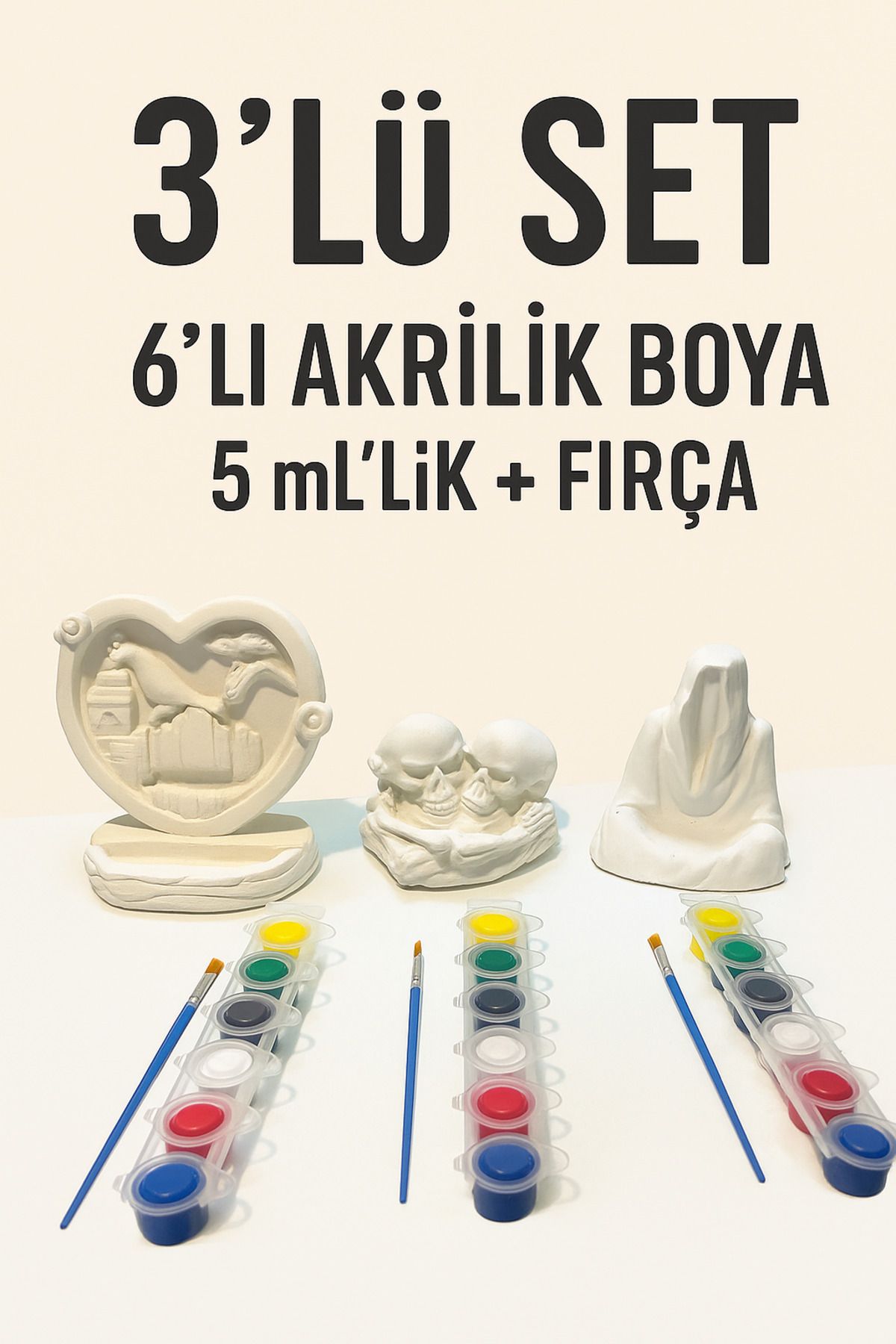WeSank Objehouse 3’lü Boyanabilir Alçı Seti – 6’lı Akrilik Boya 5 ml + Fırça | Kendin Yap Hobi Seti