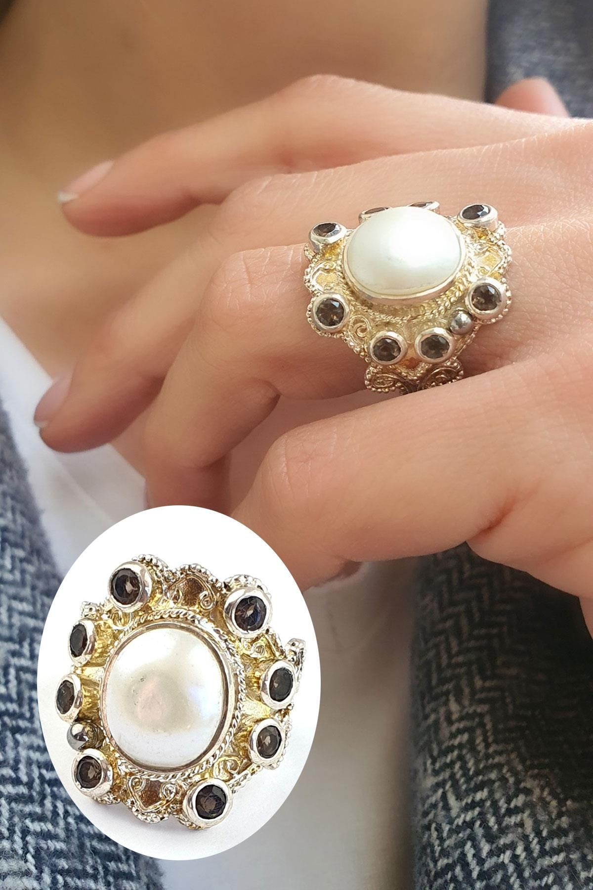 OSESHOP Dumanlı kuvars ve Barok İncili 925 ayar Gümüş Tasarım yüzük