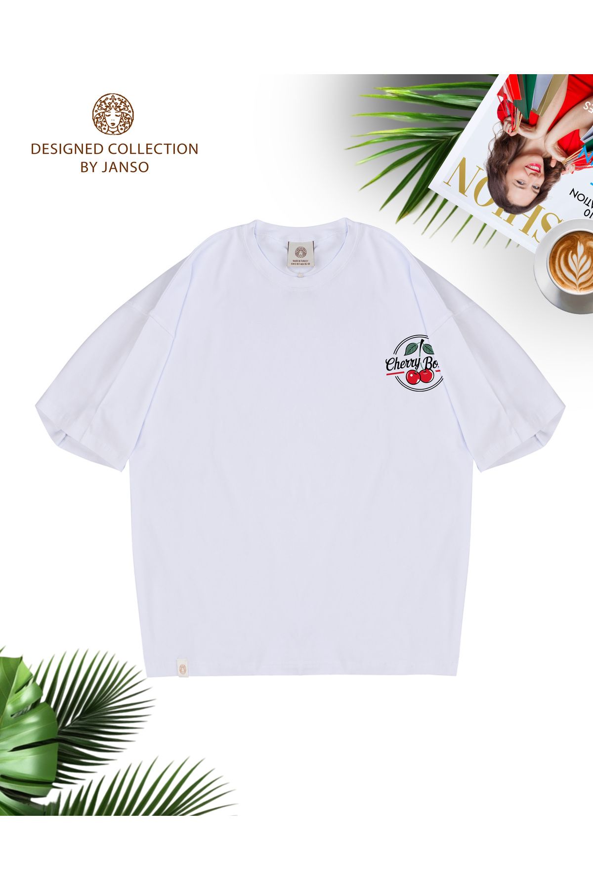 JANSO GROUP -Kadın PAMUKLU BASKLI Cherry Bor TSHIRT OVERSİZE BÜYÜK BEDEN