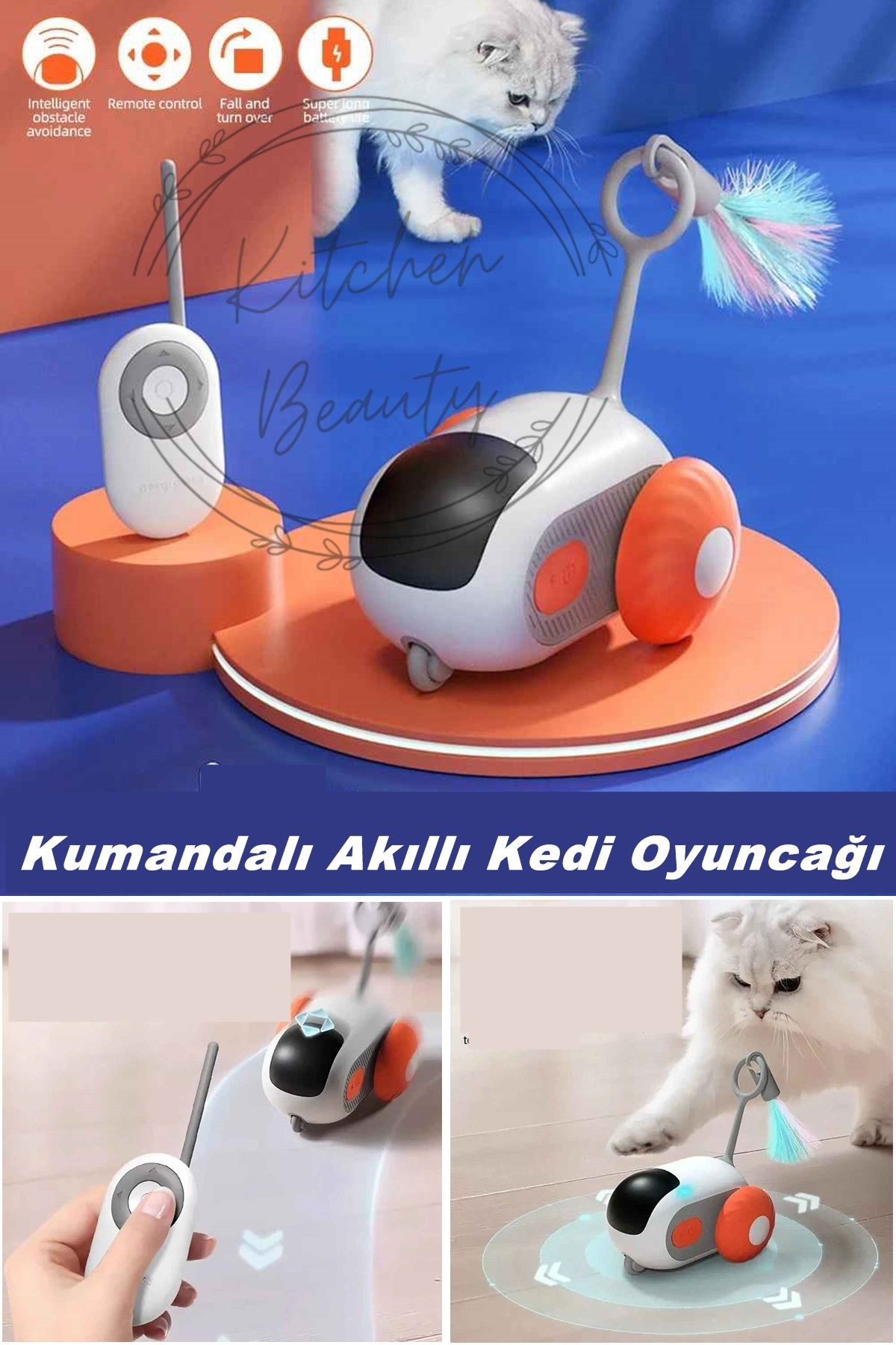 Kitchen Beauty 2 Modlu Uzaktan Kumandalı Şarjlı Kedi Oyuncağı İnteraktif Hareketli Tüylü Kedi Oyun Topu