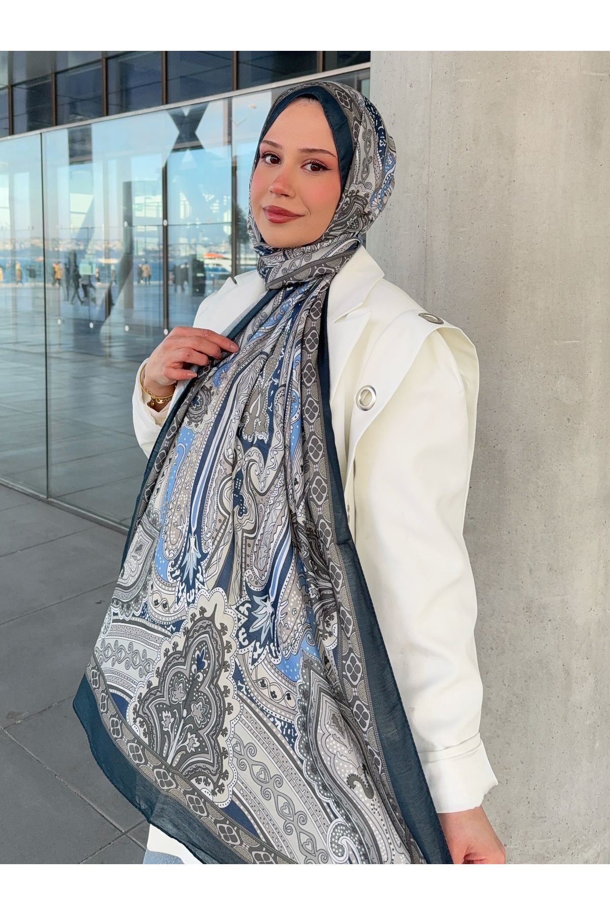 NBİBAGS Retro Desen Pamuk Şal Lacivert Vizon