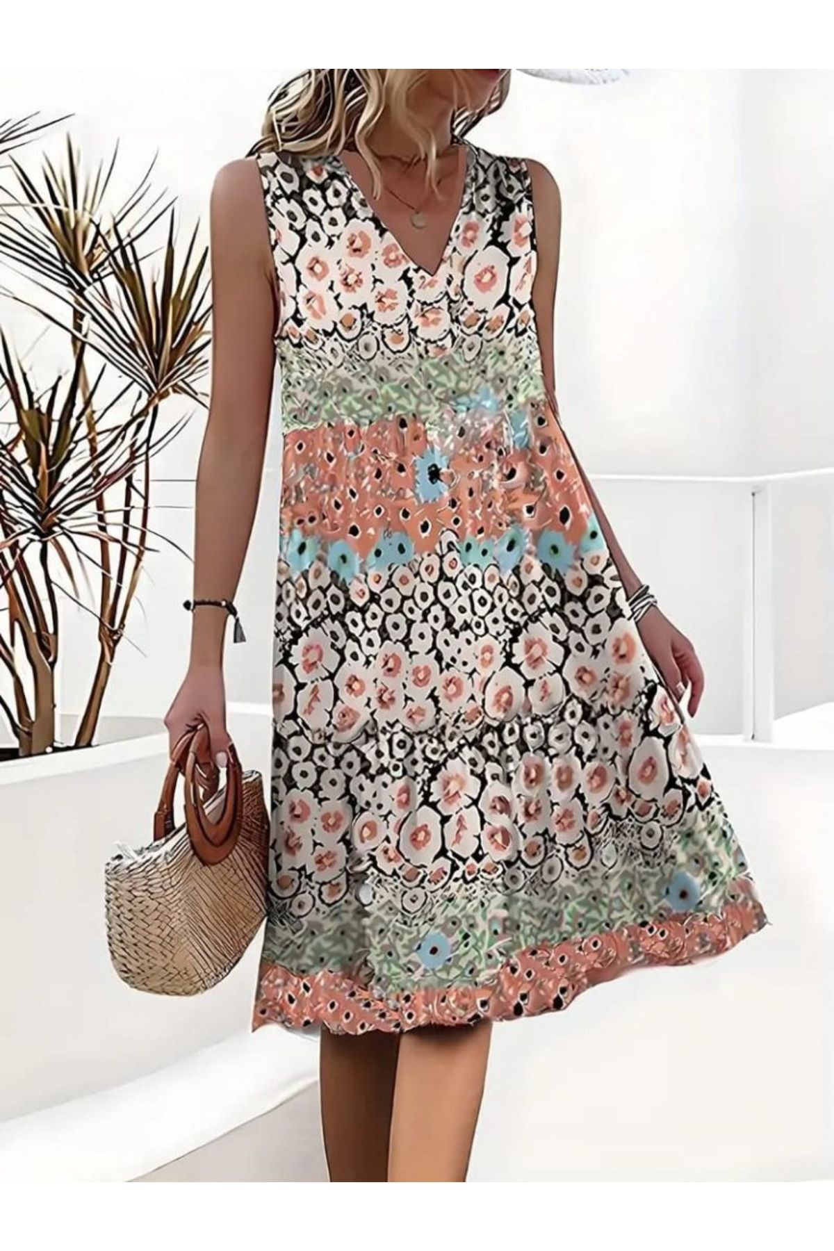 velmorafashion Kadın Kolsuz V Yaka çiçek Desenli Süprem Elbise