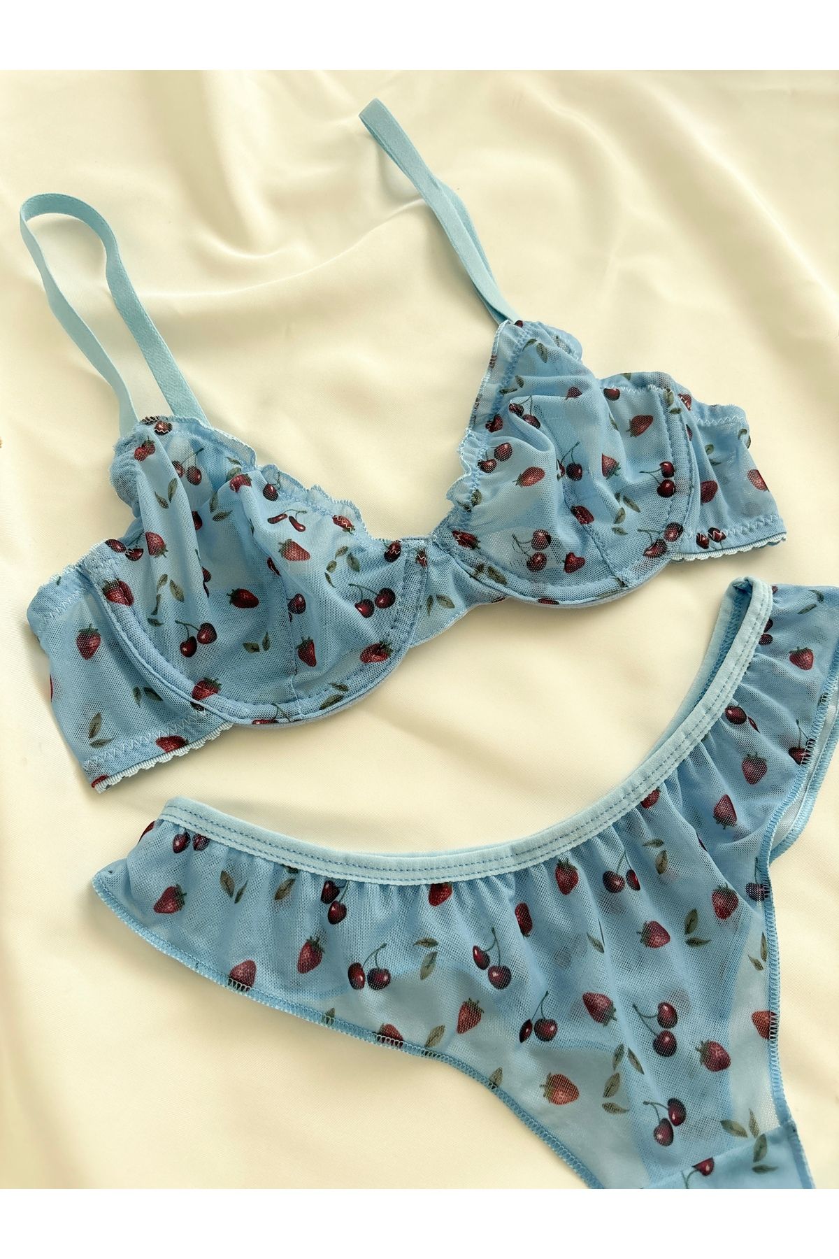 lunesa Mavi Kirazlı Tül Bralet Takım (Sütyen&Tanga)