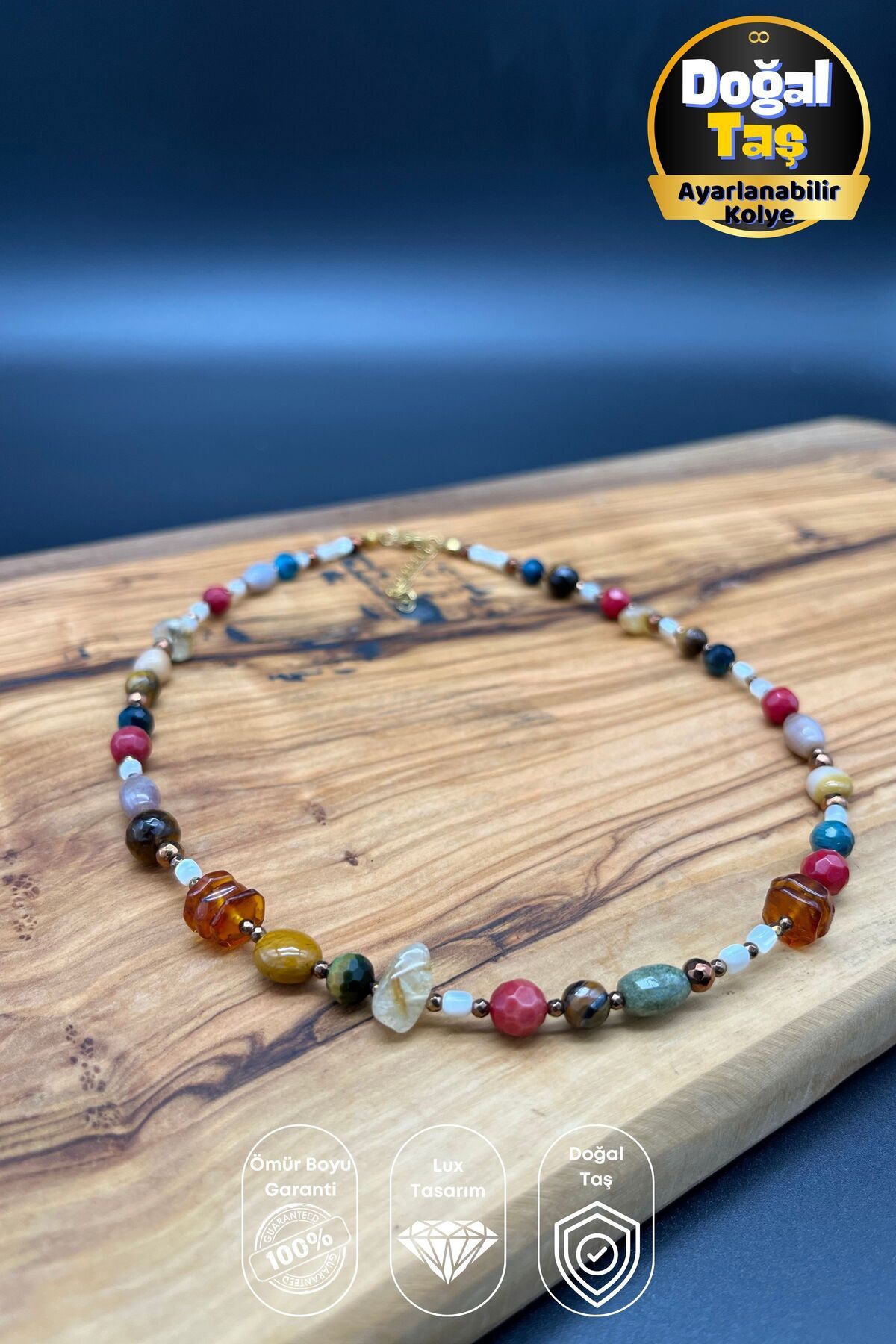 Balzamin Design Renklerin Dengesi Doğal Taş Kehribarlı Çelik Kolye