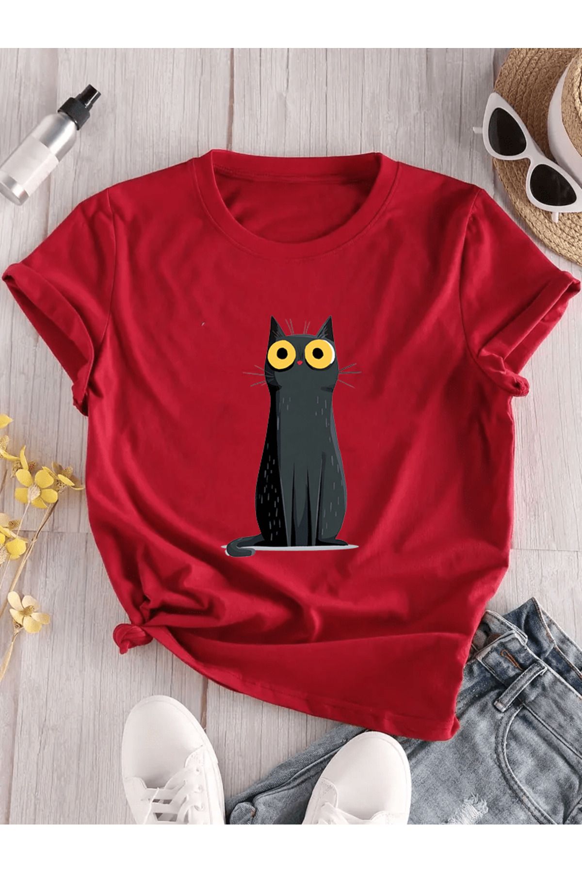 MAGORS SWEET BLACK CAT BASKILI BİSİKLET YAKA PAMUKLU KISA KOLLU KADIN VE ÇOCUK TSHIRT