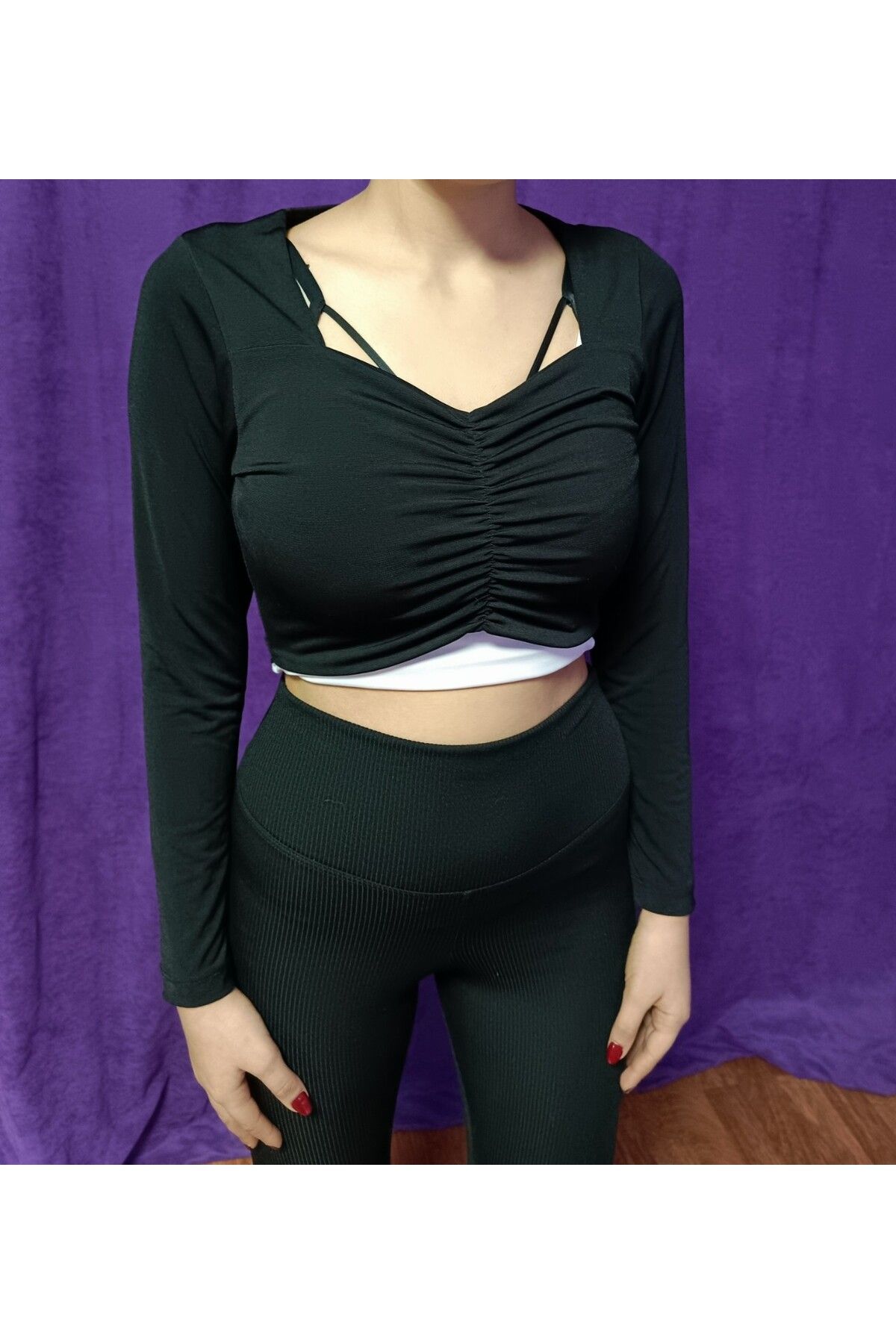 Misslina ÖNÜ BÜZGÜLÜ UZUN KOL CROP