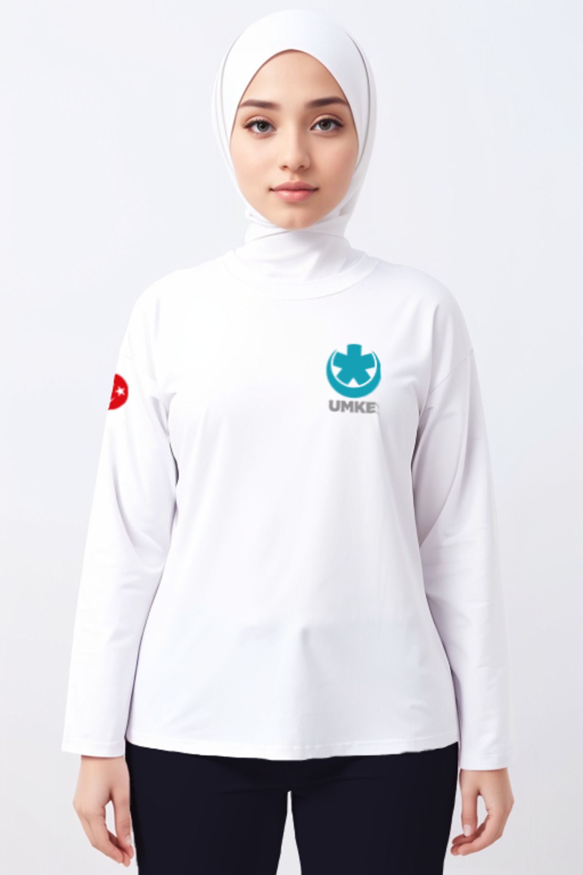 Pratik Medikal Beyaz UMKE Bisiklet Yaka Uzun Kollu Tişört Unisex