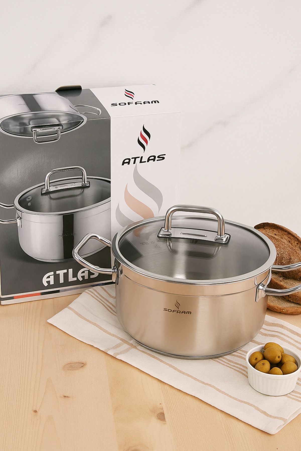 Sofram Yeşiltan Sofram Atlas Serisi 24 cm Derin Tencere – 5.30 Litre, 18/10 Paslanmaz Çelik, Cam Kapaklı