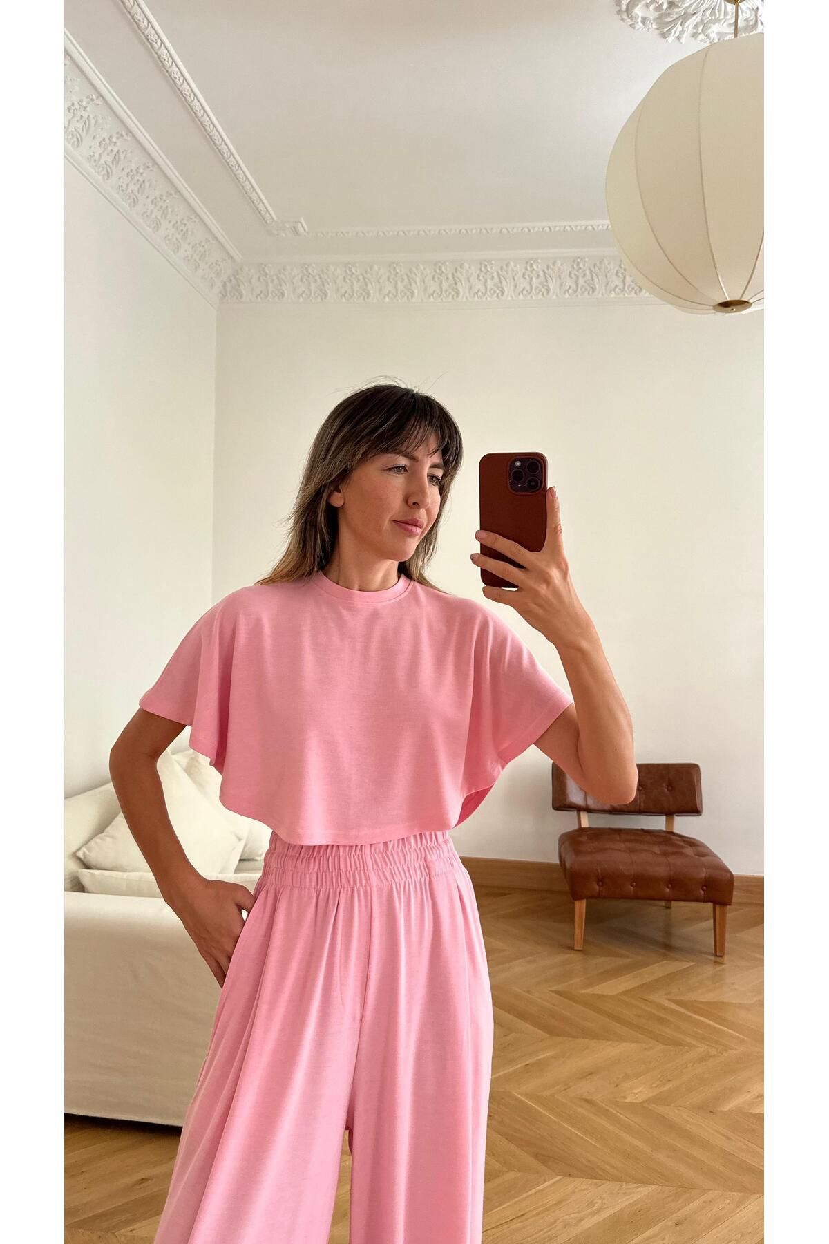 Askı Tekstil Pembe Bisiklet Yaka Crop Panço T-Shirt