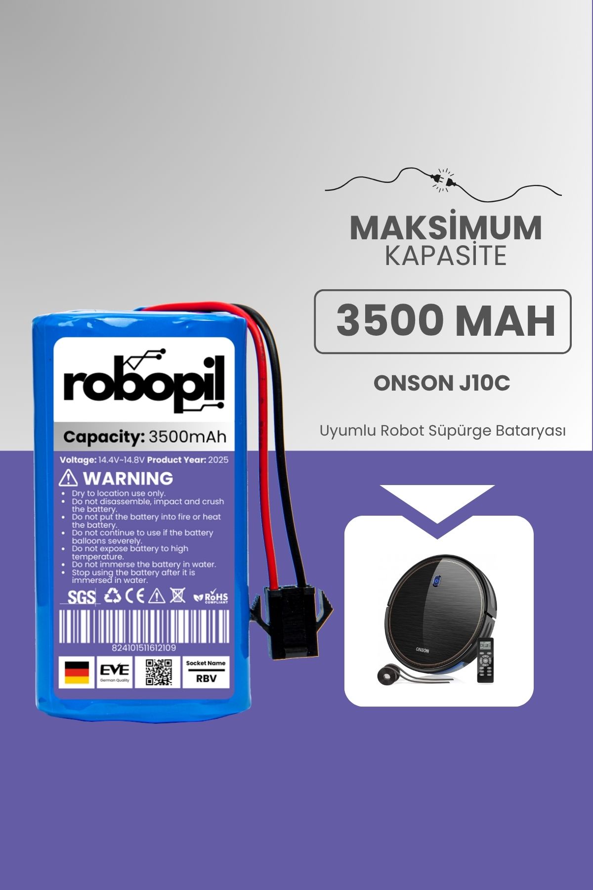 ROBOPİL Onson J10c Pil Batarya [Maksimum Kapasite] 3500mah Akıllı Robot Süpürge Bataryası Değişimi