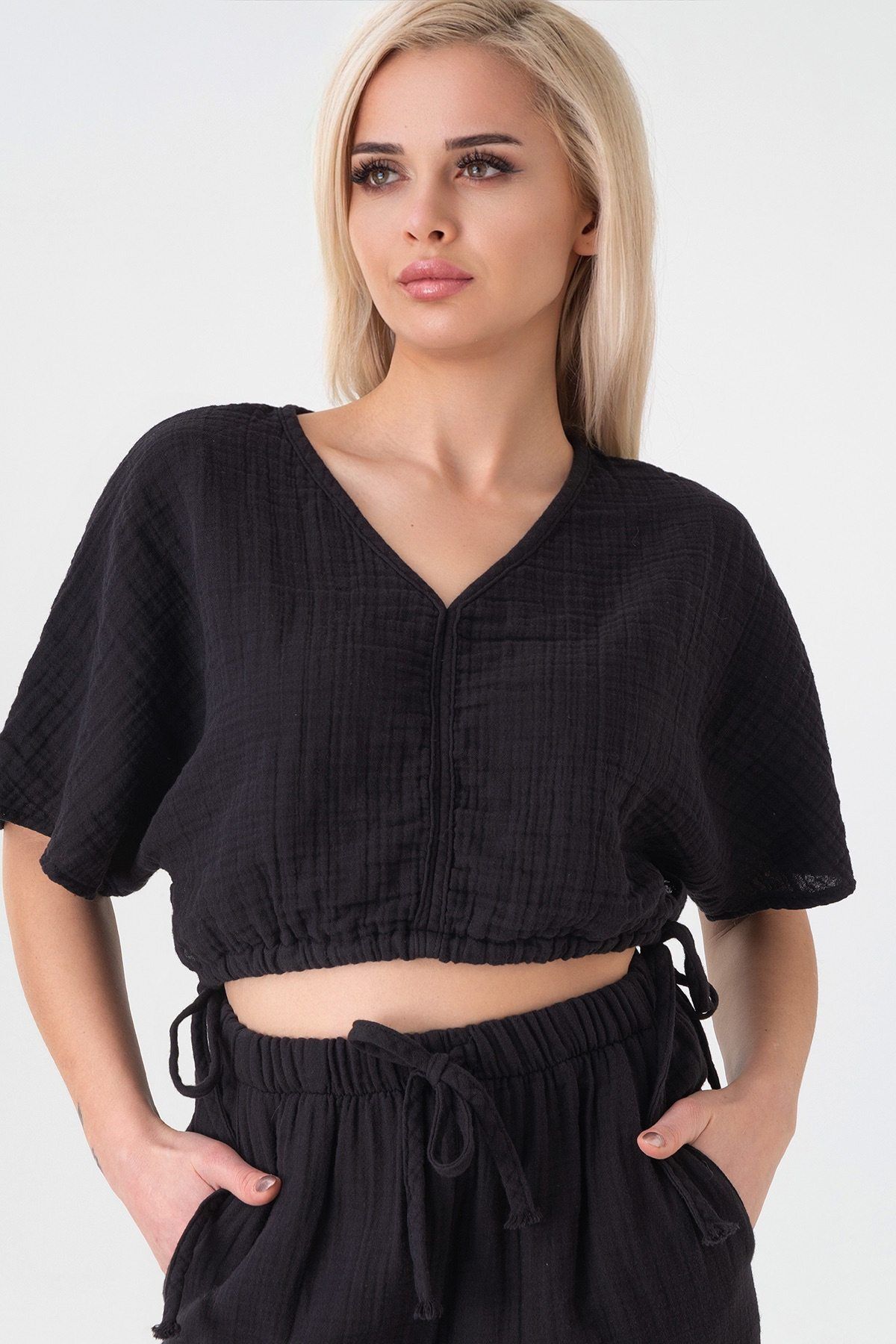Fashion Showcase Müslin %100 Doğal Kumaş V Yaka Beli Ayarlanabilir Crop Siyah