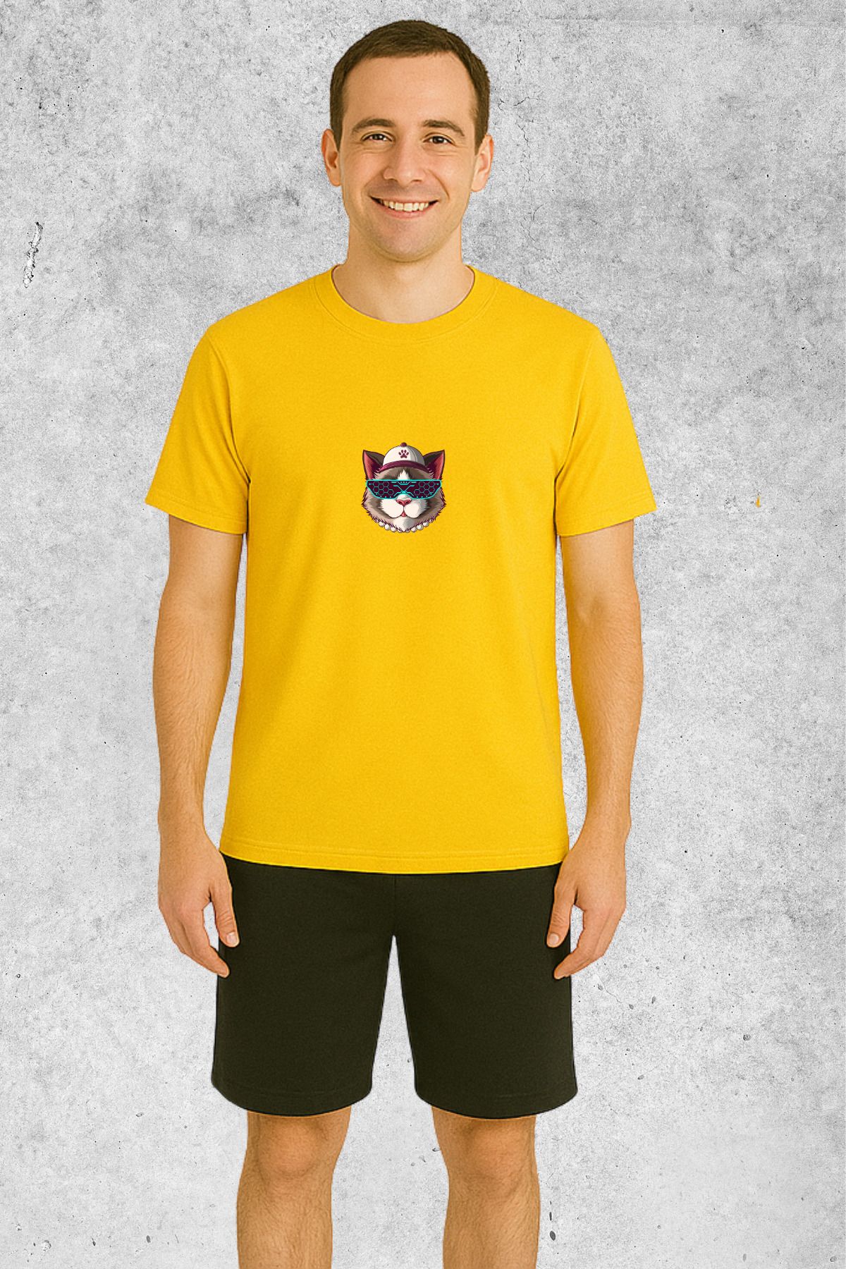 MOLICO Basic unisex sıfır yaka kısa kollu KEDİ BASKILI TSHİRT