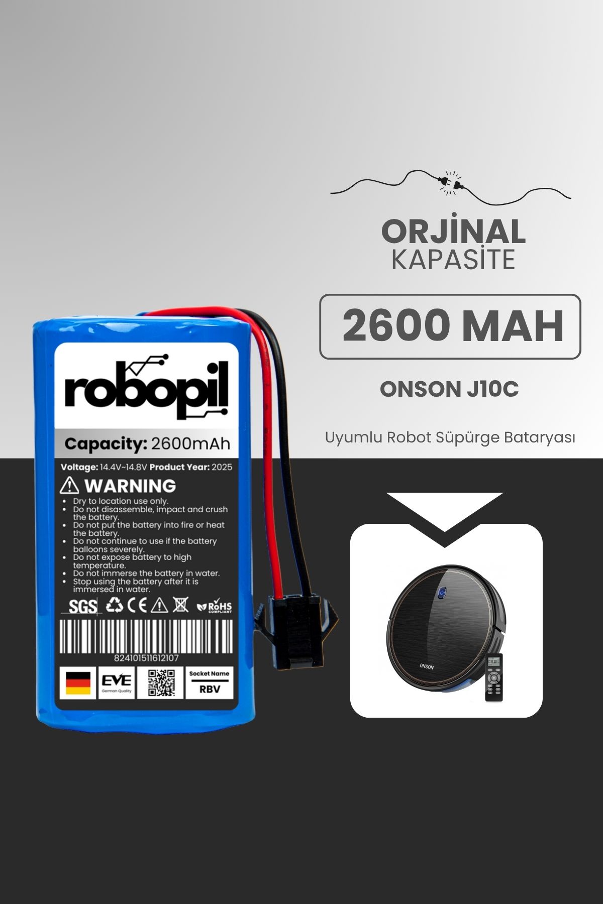 ROBOPİL Onson J10c Pil Batarya [Standart Kapasite] 2600mah Akıllı Robot Süpürge Bataryası Değişimi