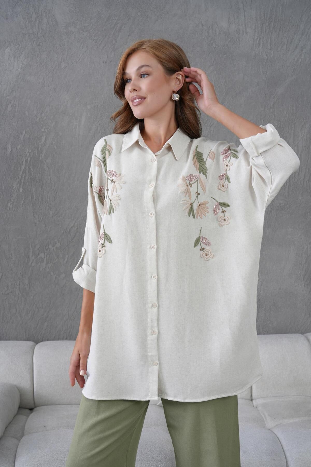 BURRASCA NAKIŞ İŞLEMELİ OVERSIZE KETEN GÖMLEK