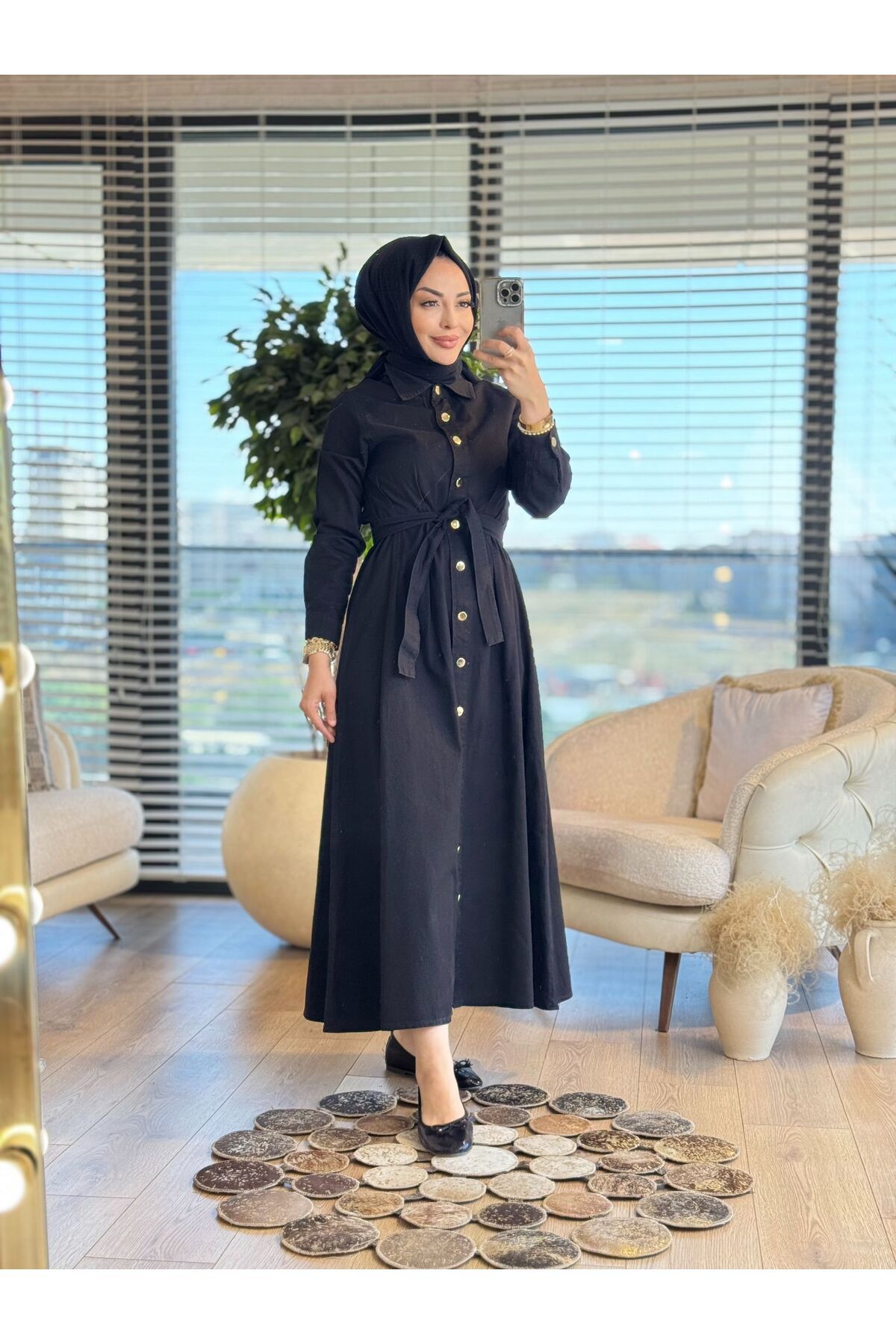 ALANURMODA Beli Pens Detaylı Kot Elbise