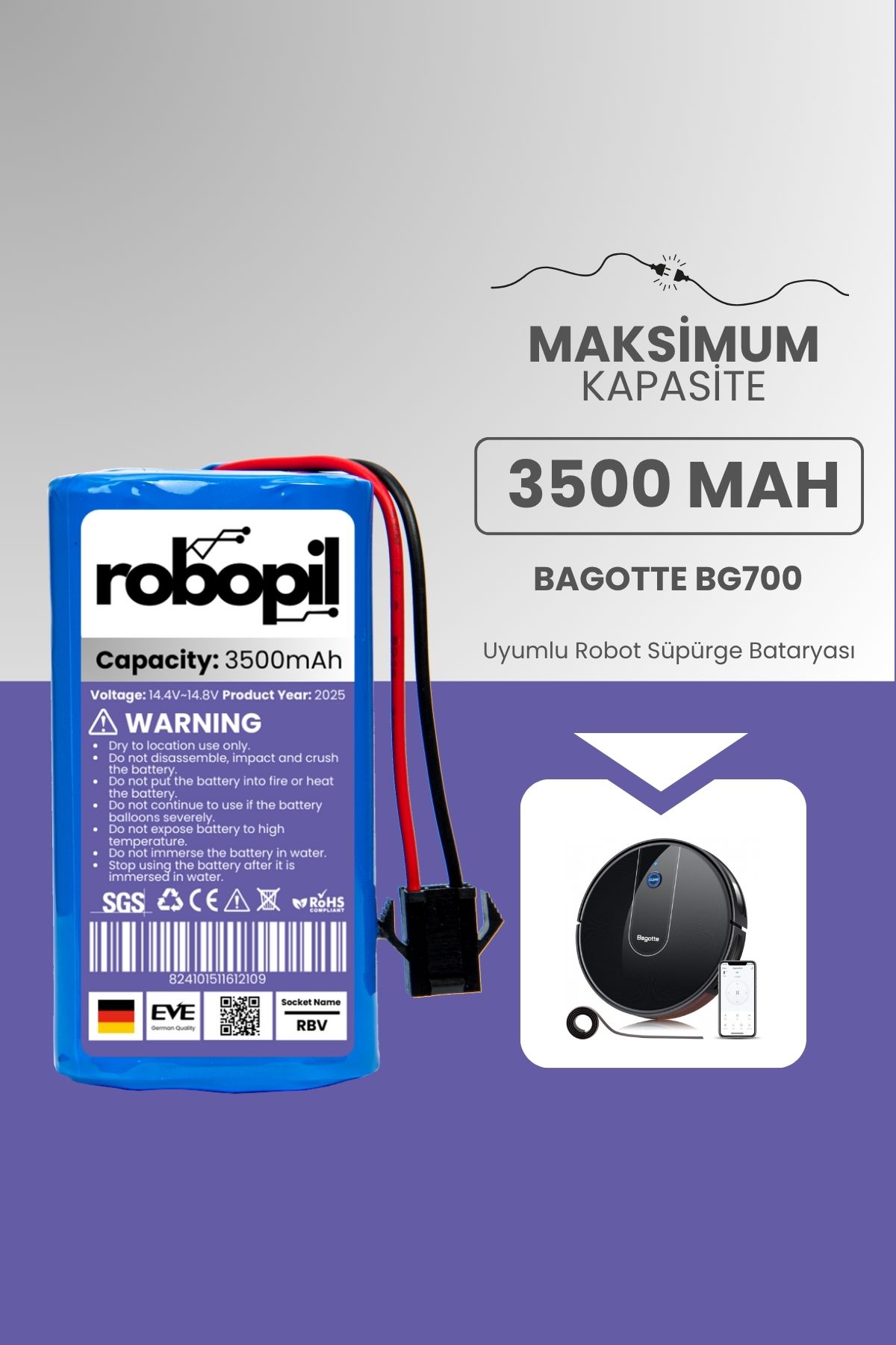 ROBOPİL Bagotte Bg700 Pil Batarya [Maksimum Kapasite] 3500mah Akıllı Robot Süpürge Bataryası Değişimi