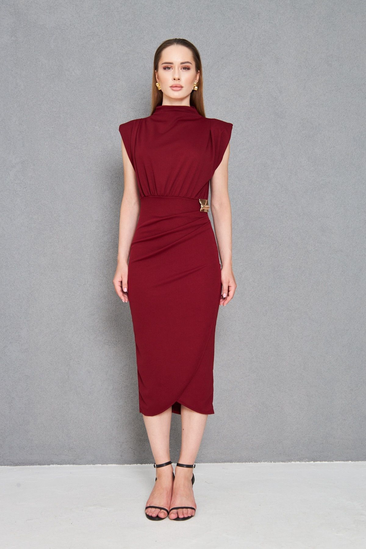 Secret Passion Lingerie Kadın Bordo Krep Kumaş Dik Yaka Aksesuar Detaylı Drapeli Midi Elbise 4409