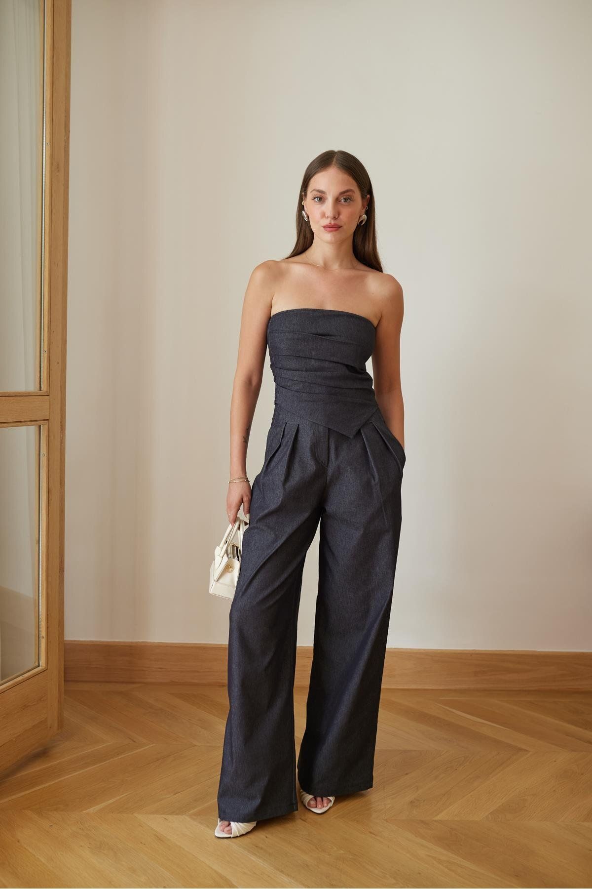 Askı Tekstil Lacivert Straplez Bluz Pantolon Denim Takım