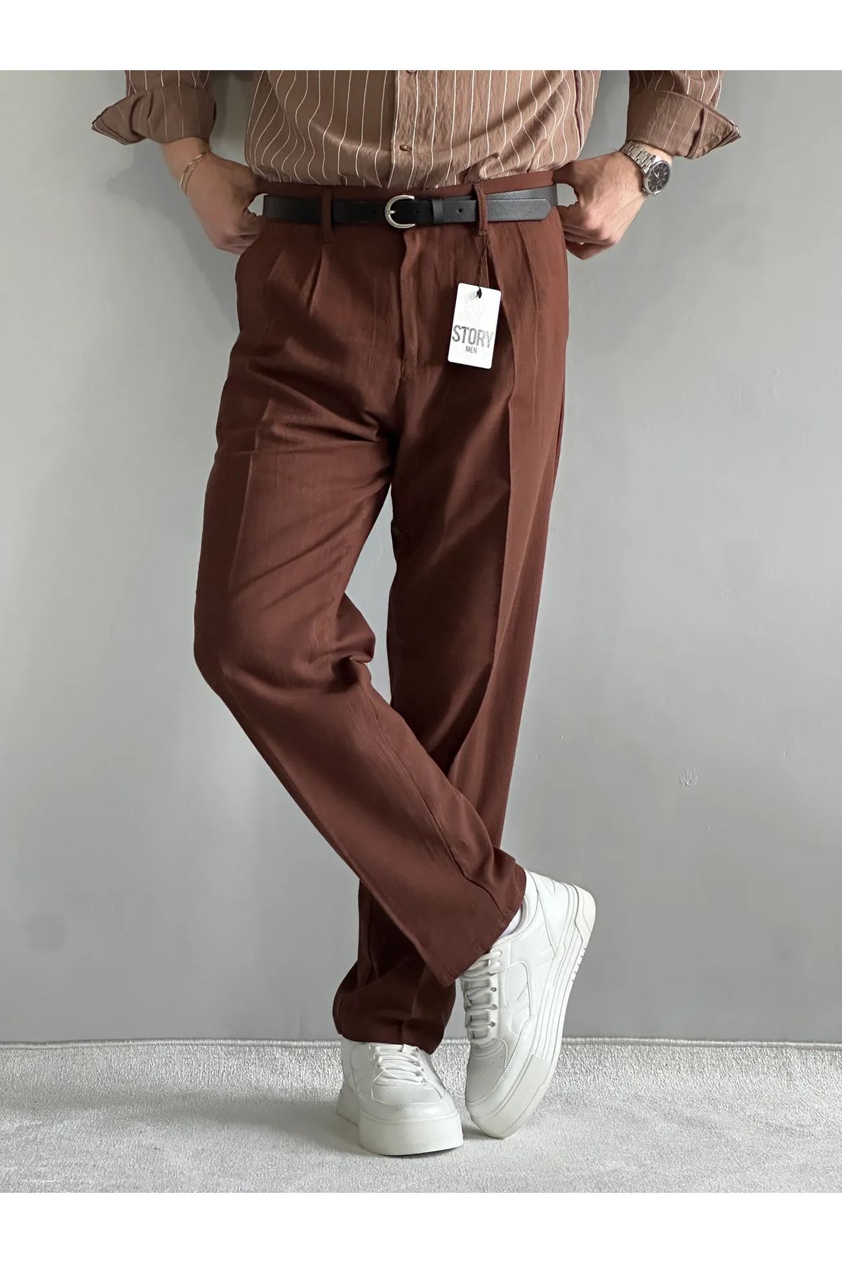 MENOFOURSWEAR Acı Kahve Yeşili Ham Keten Premium Baggy Kalıp Pantolon