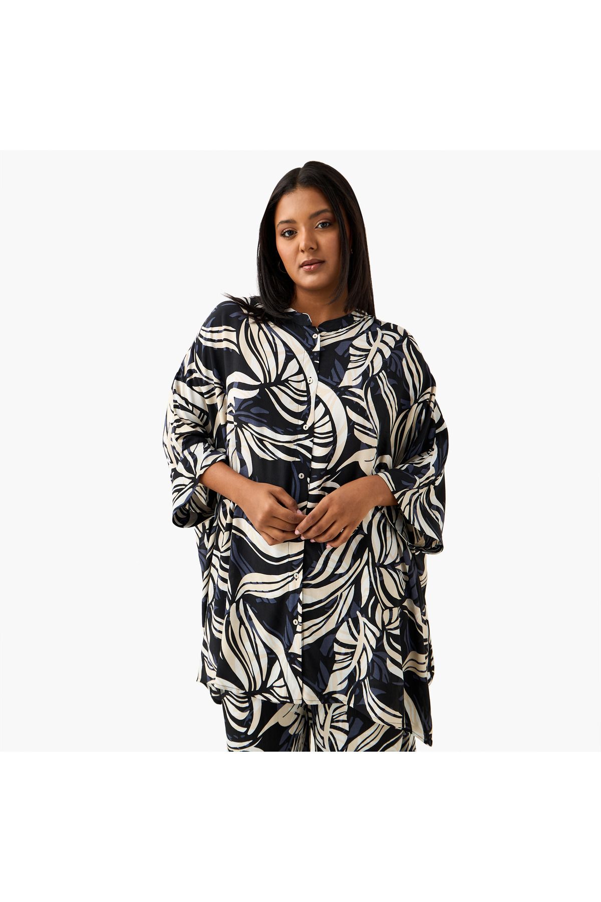 Ulla Popken-Plus Size Ulla Popken All-Over Print Top with 3/4 Sleeves 1