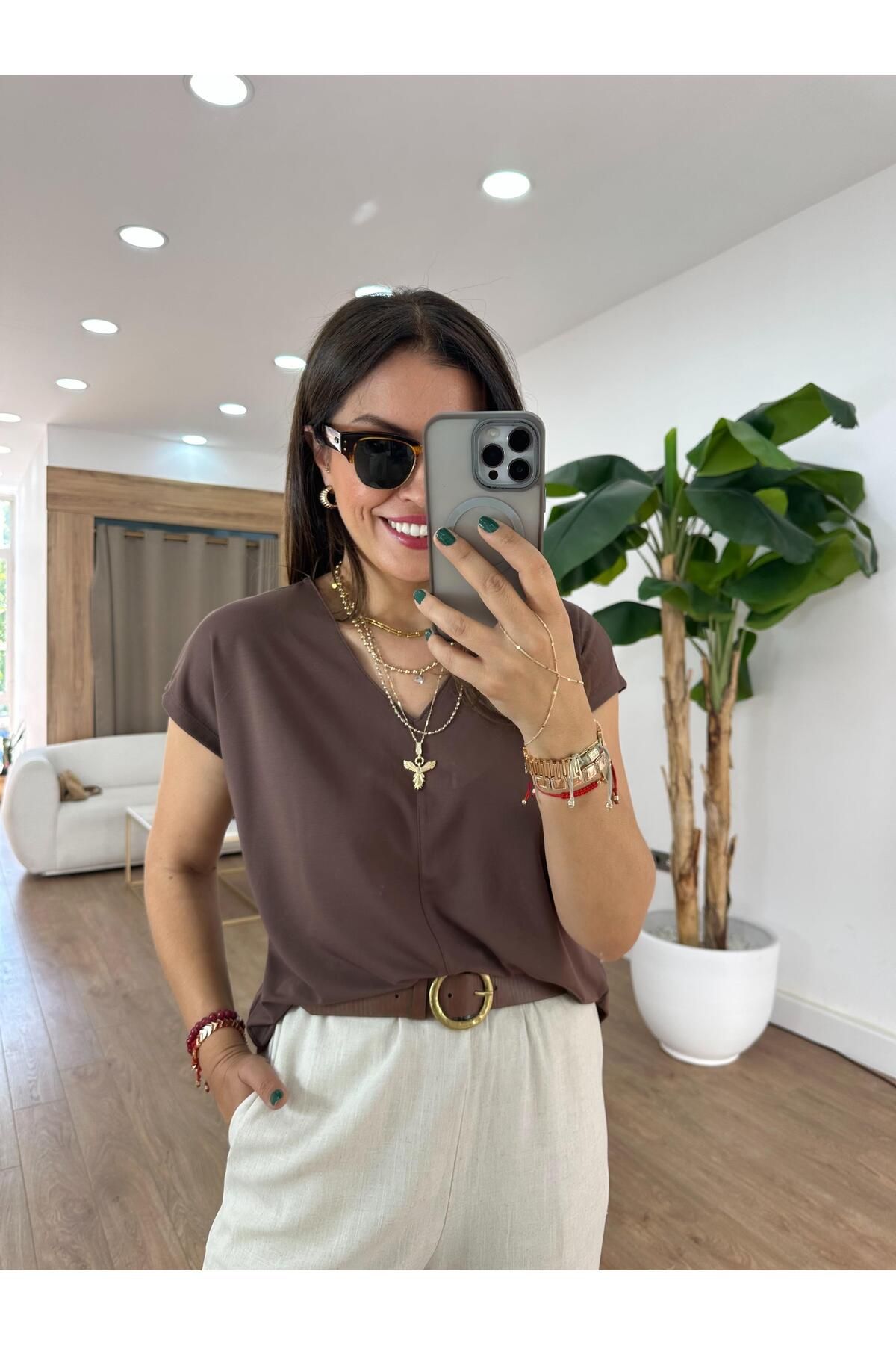 2she V Yaka Basic Modal Tshirt - Kahverengi