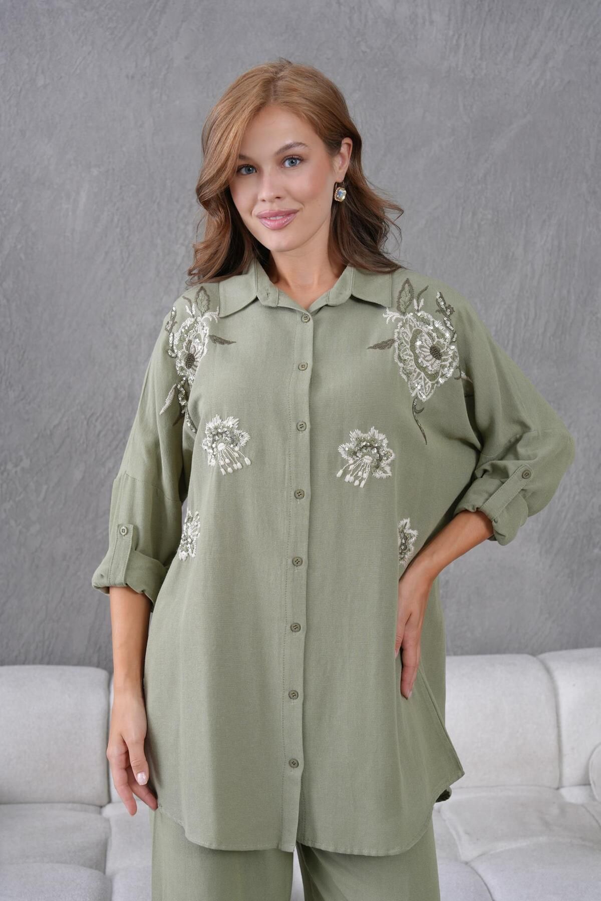 BURRASCA NAKIŞ İŞLEMELİ OVERSIZE KETEN GÖMLEK