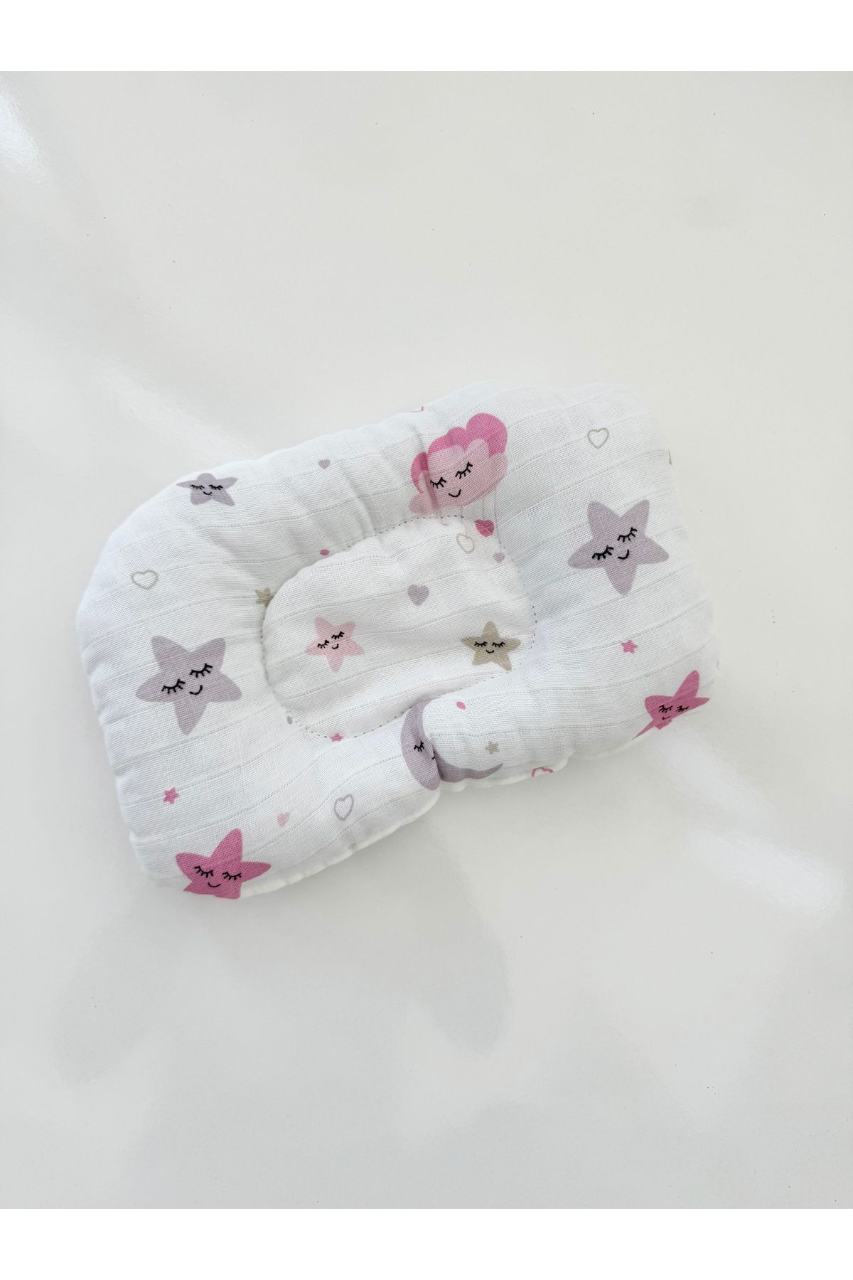 Jaju Baby Müslin Pudra Yıldız Desen Kumaş Bebek Yastığı Düz Kafa Sendorumu Önleyici Yastık