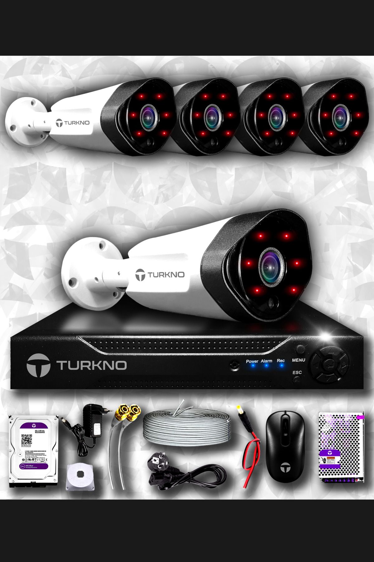 Turkno 5 Kameralı Galia 5 Dış Kamera Set 2 Tb Hdd Full Hd Gece Görüşlü Güvenlik Kamerası Sistemi