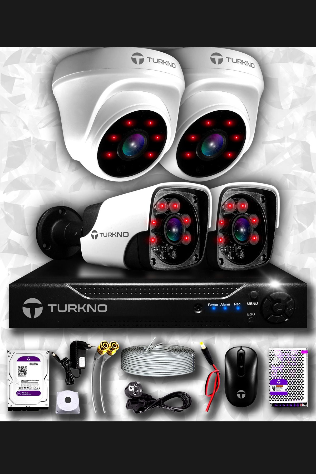 Turkno 4 Kameralı Pania 2 Iç Kamera Set 250 Gb Hdd Full Hd Gece Görüşlü Güvenlik Kamerası Sistemi