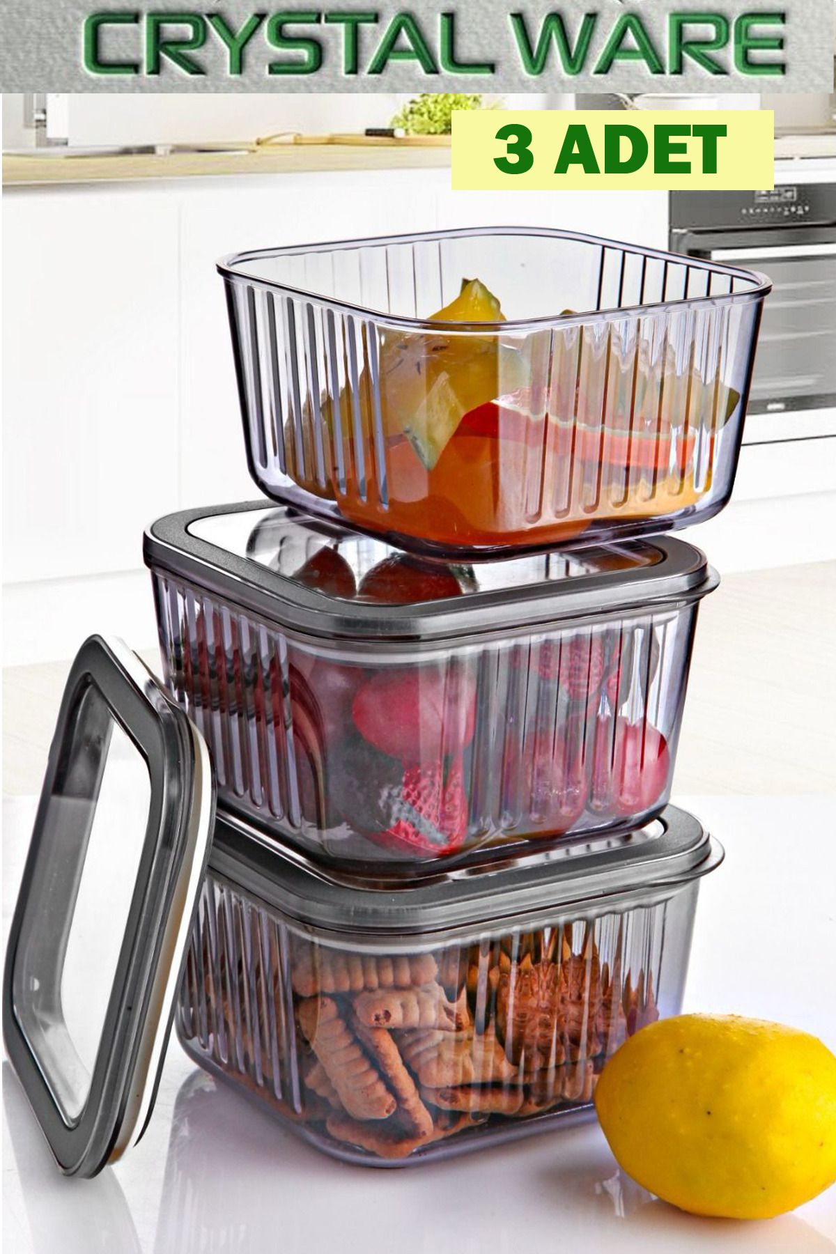 Crystal Ware 3 Adet Kare Contalı Midi Saklama Kabı 550 ml F332
