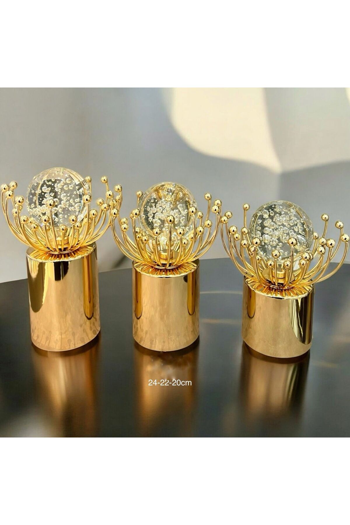 Hinora İnci Küreli Metal Üçlü Dekoratif Obje Set 20-22-24cm
