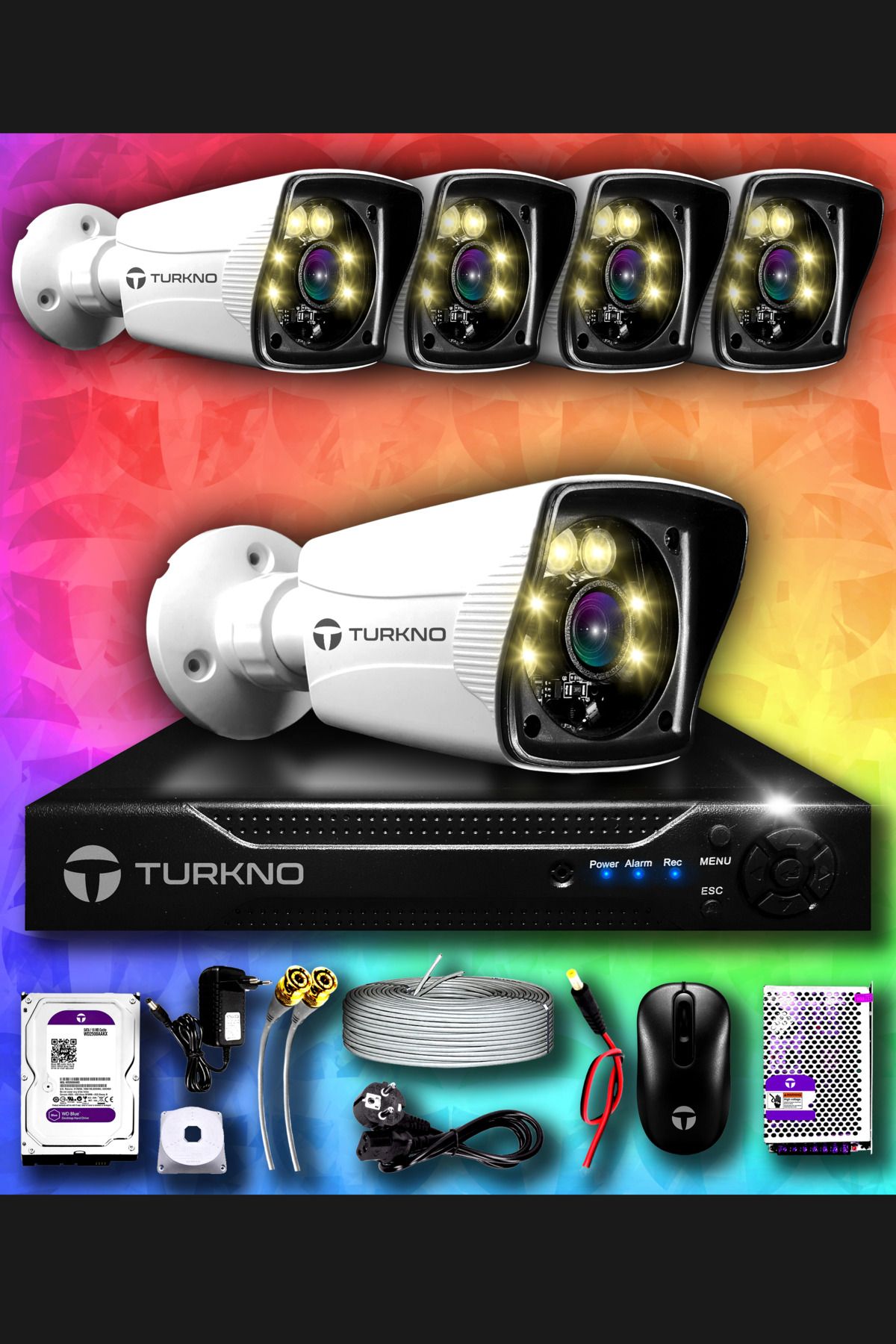 Turkno 5 Kameralı Karie 5 Dış Kamera Set 100 Gb Hdd Full Hd Renkli Gece Görüşlü Güvenlik Kamerası Sistemi