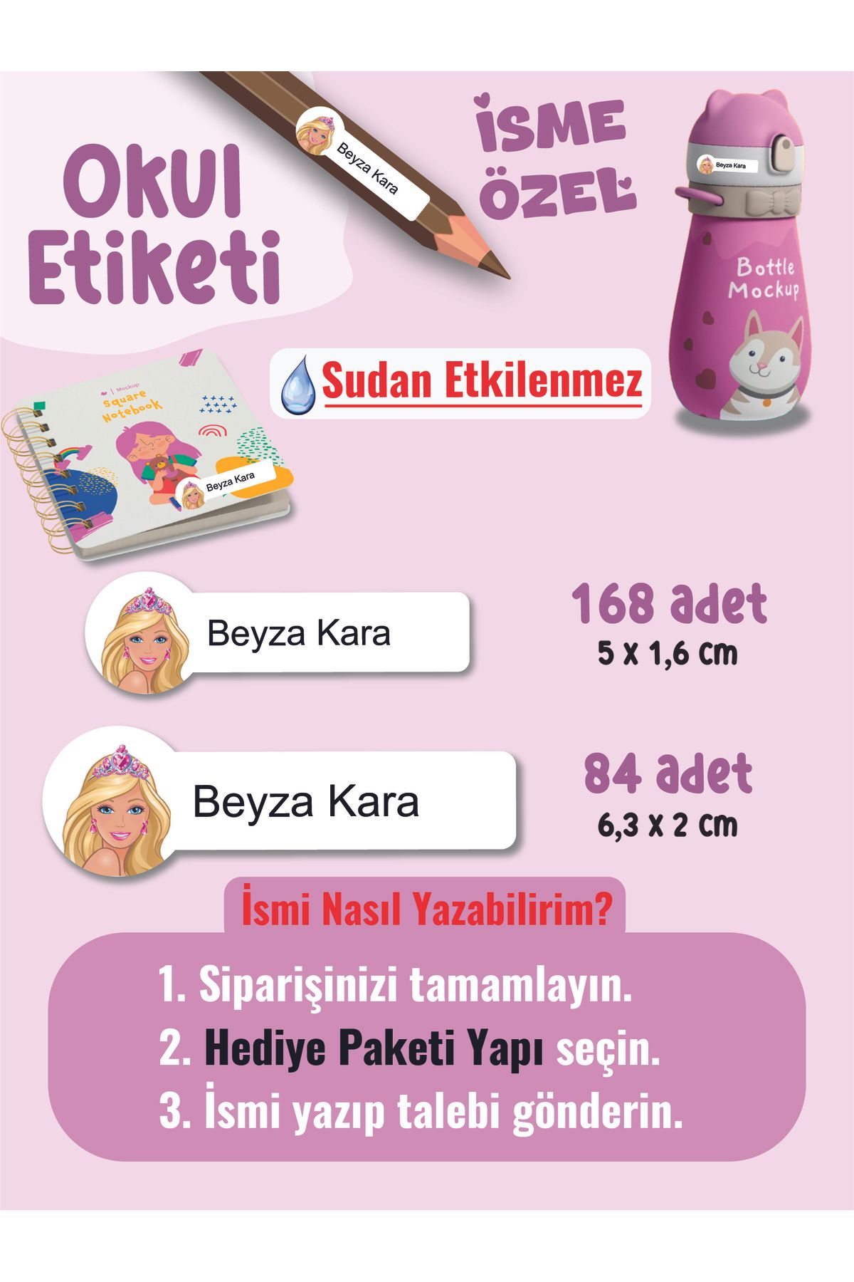 YUNUS COPY Okul Etiketi Kalem Defter Etiketi Barbi Temalı Özel İsim Yazılabilen Etiket - 252Adet