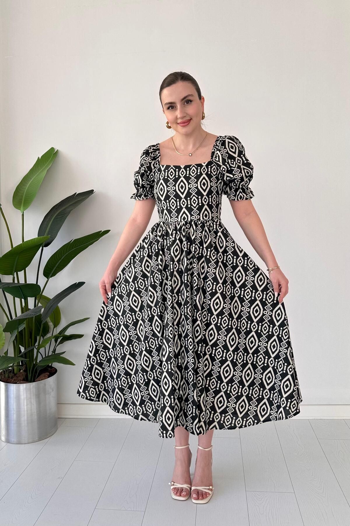 MaziButik Etnik Poplin Elbise Siyah
