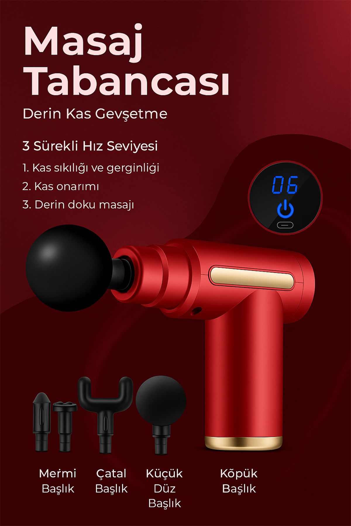 TECHNOMEN Dijital Ekranlı Masaj Tabancası 6 Titreşim Seviyesi Sessiz Motor Sporcu Masajı Taşınabilir Şarjlı