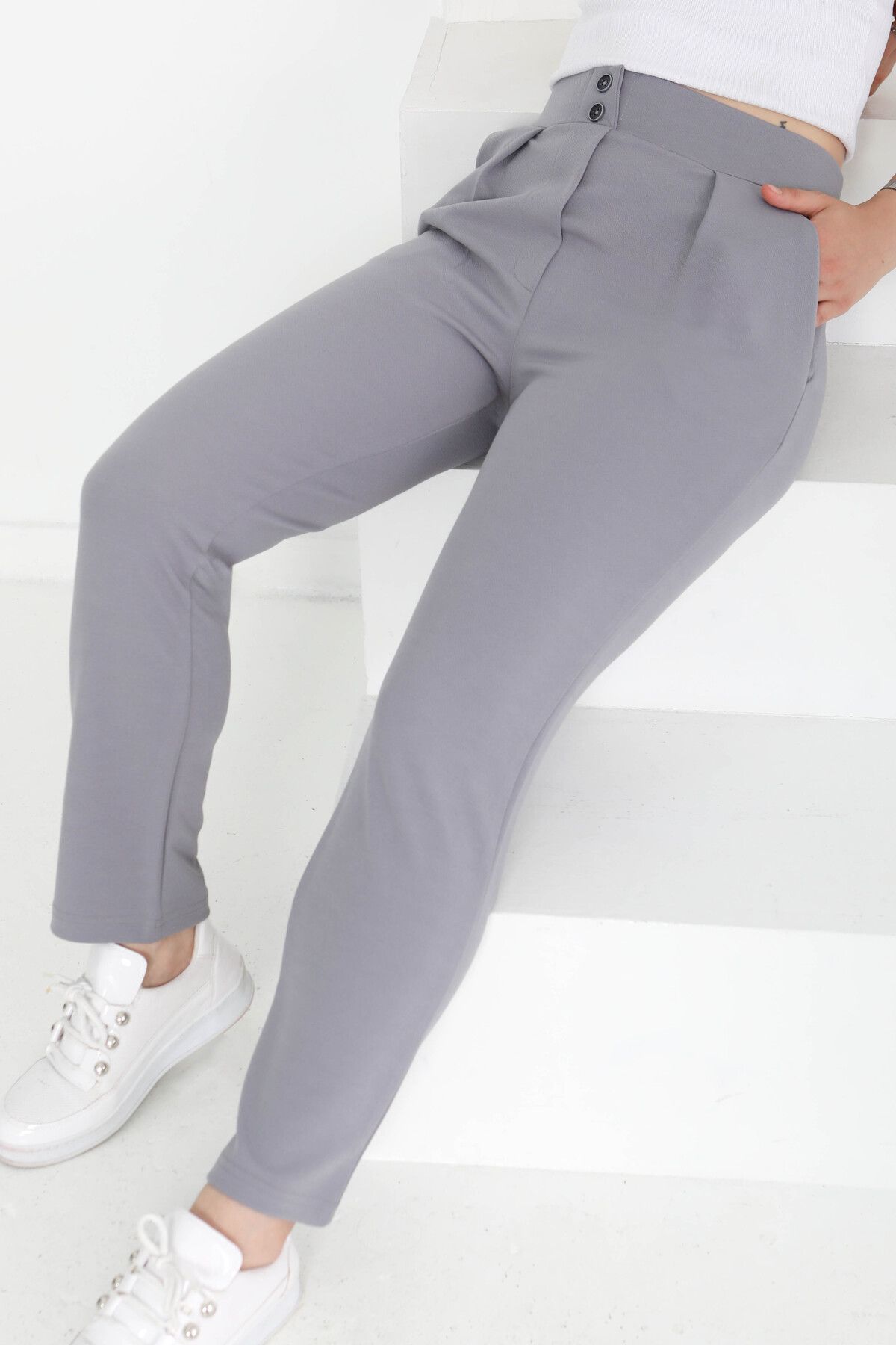 TOFİSA Çift Düğmeli Spor Pantolon Gri - 27352