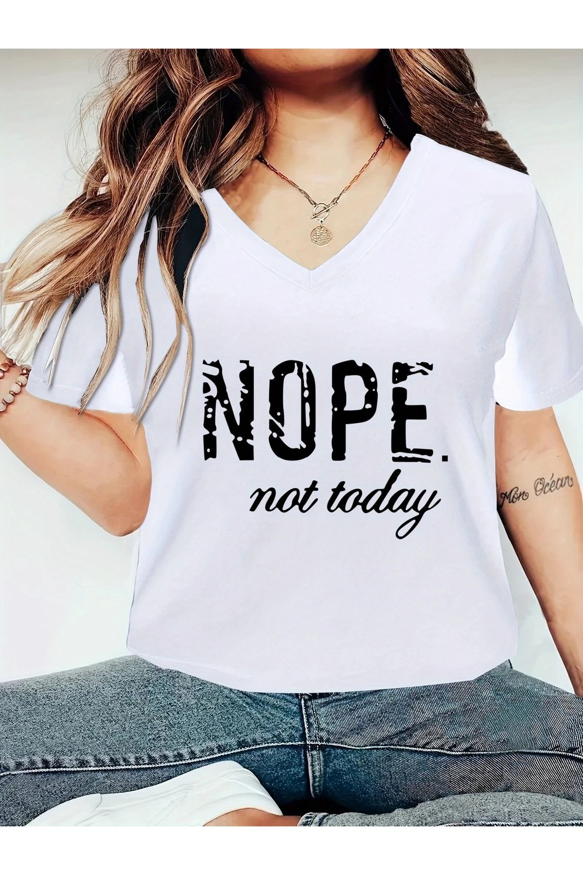 WOODROFFE Kadın NOPE NOT TODAY 'Hayır Bugün Değil' baskılı V yaka Tişört Oversize Salaş Yeni Sezon