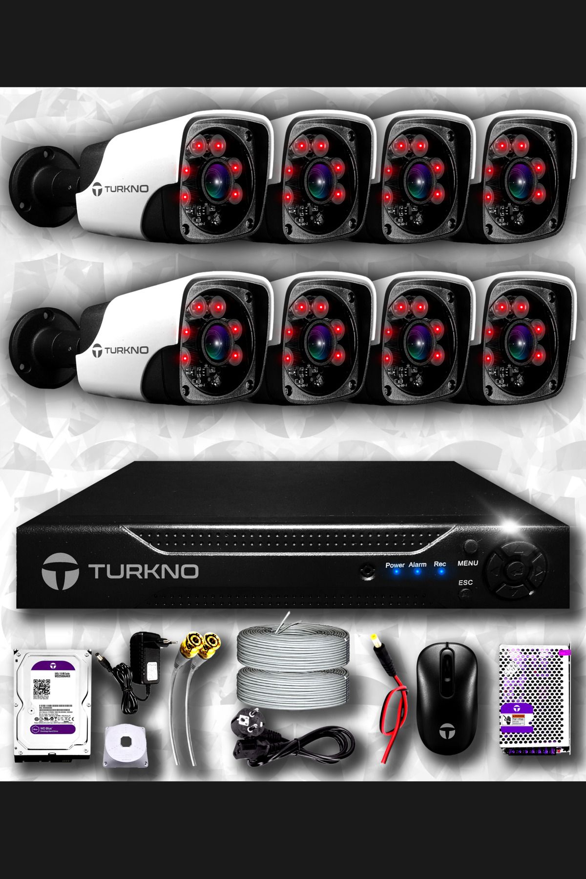 Turkno 8 Kameralı Pania 8 Dış Kamera Set 100 Gb Hdd Full Hd Gece Görüşlü Güvenlik Kamerası Sistemi