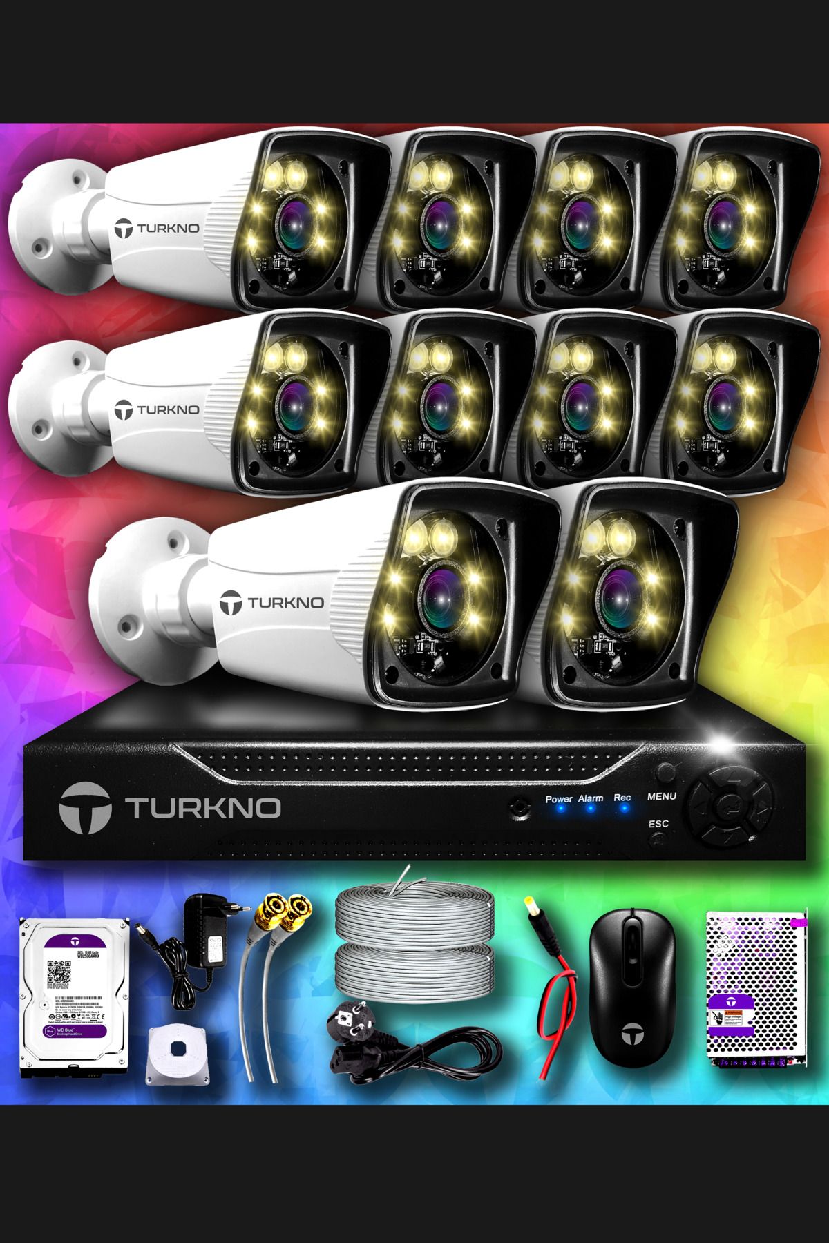 Turkno 10 Kameralı Karie 10 Dış Kamera Set 500 Gb Hdd Full Hd Renkli Gece Görüşlü Güvenlik Kamerası Sistemi